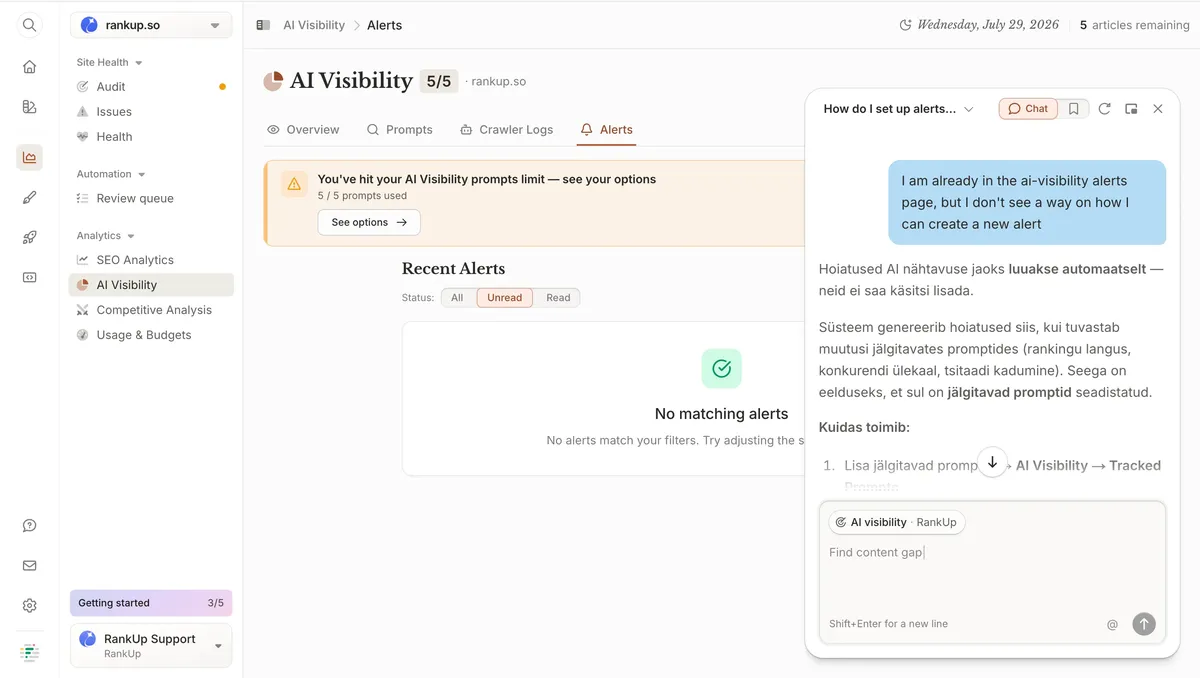 Frase AI assistant reply stating that AI visibility alerts are generated automatically and cannot be added manually