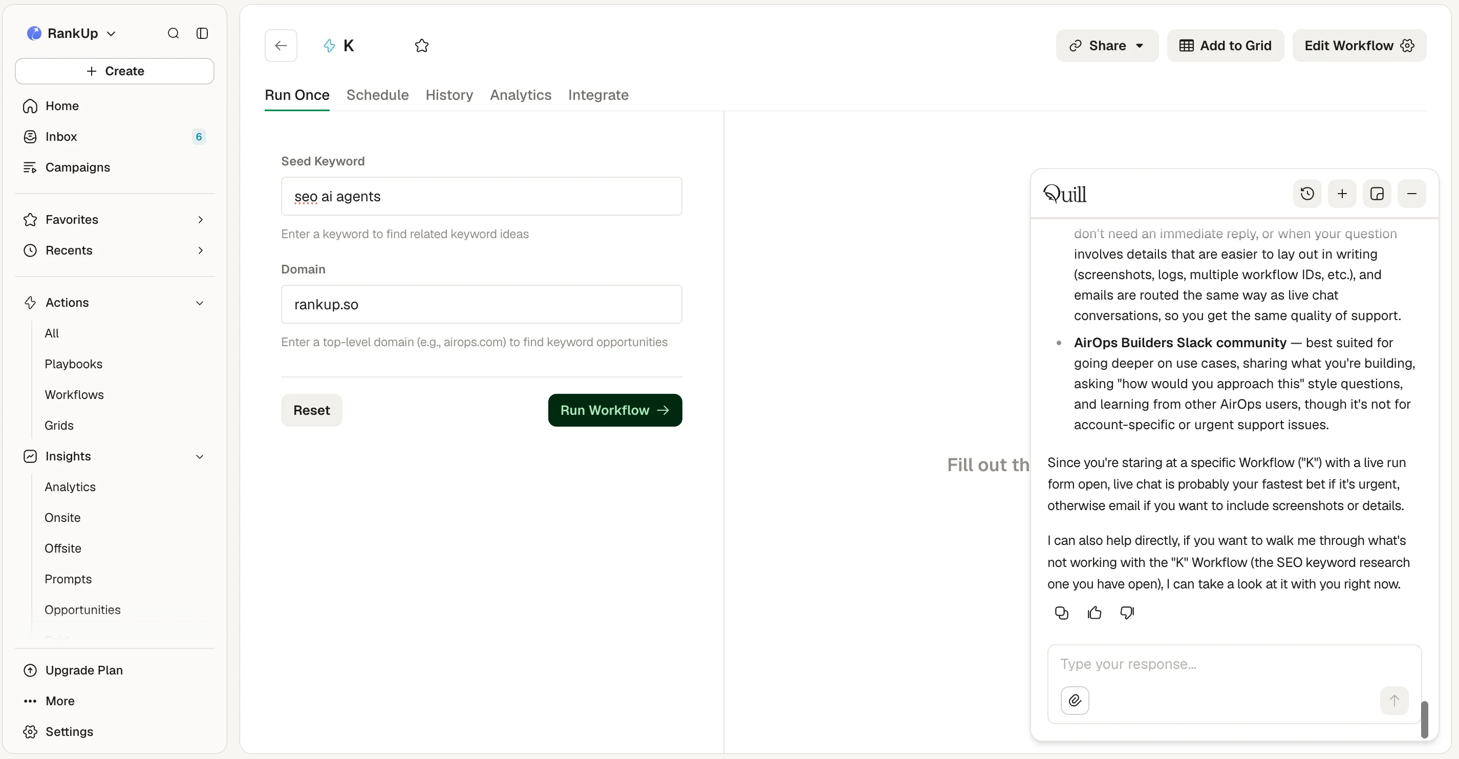 AirOps Run Once configuration with seed keyword and domain fields beside the Quill assistant panel