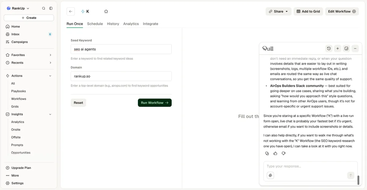 AirOps Run Once configuration with seed keyword and domain fields beside the Quill assistant panel