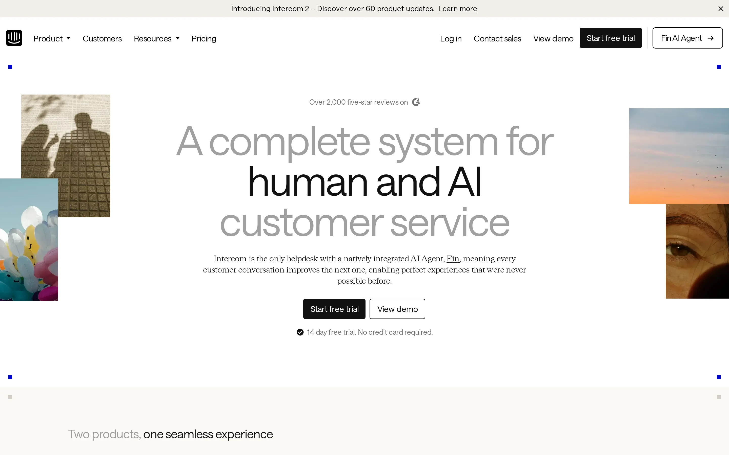 Intercom homepage hero presenting its customer service platform