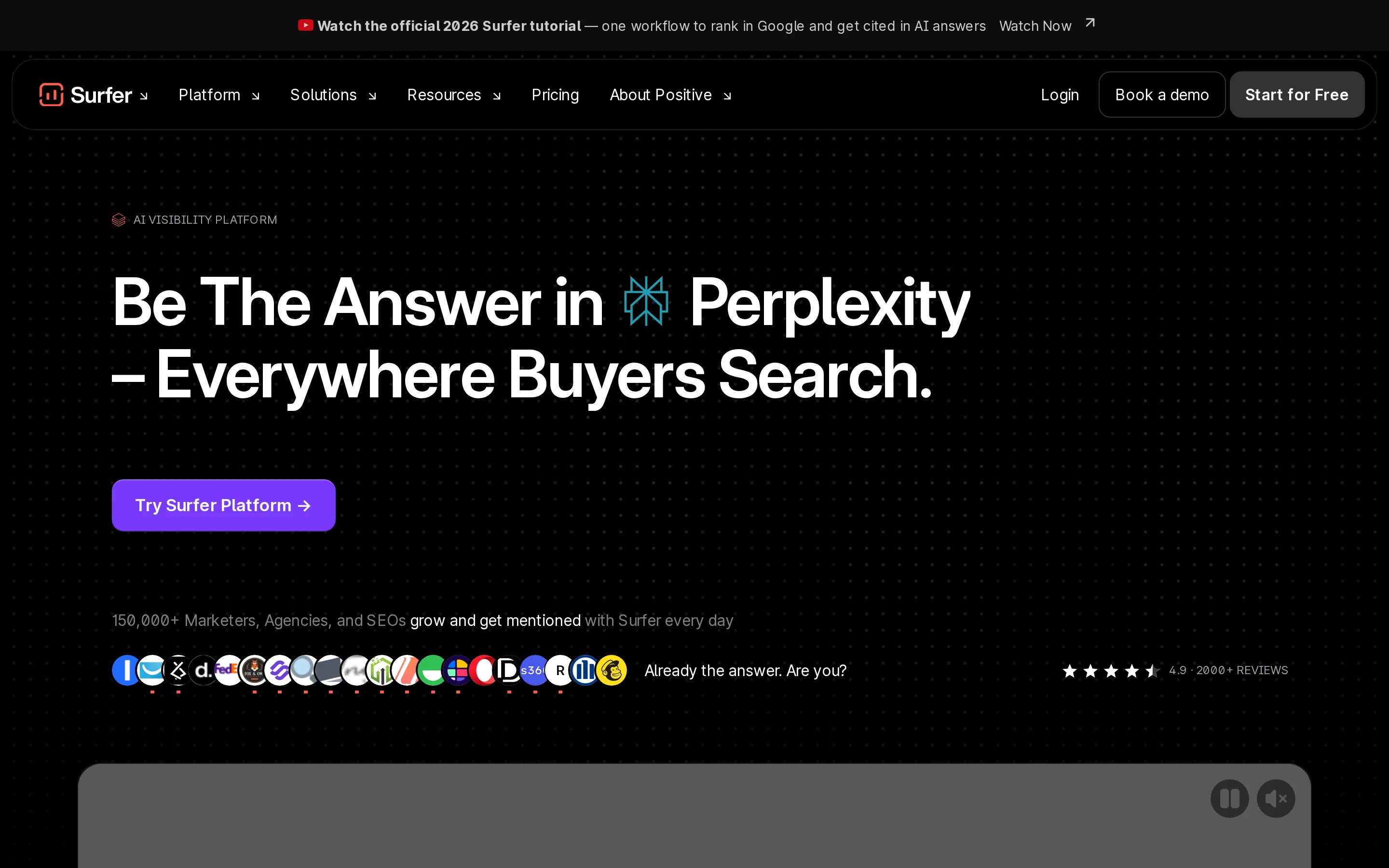 Surfer homepage hero presenting its SEO content optimization platform
