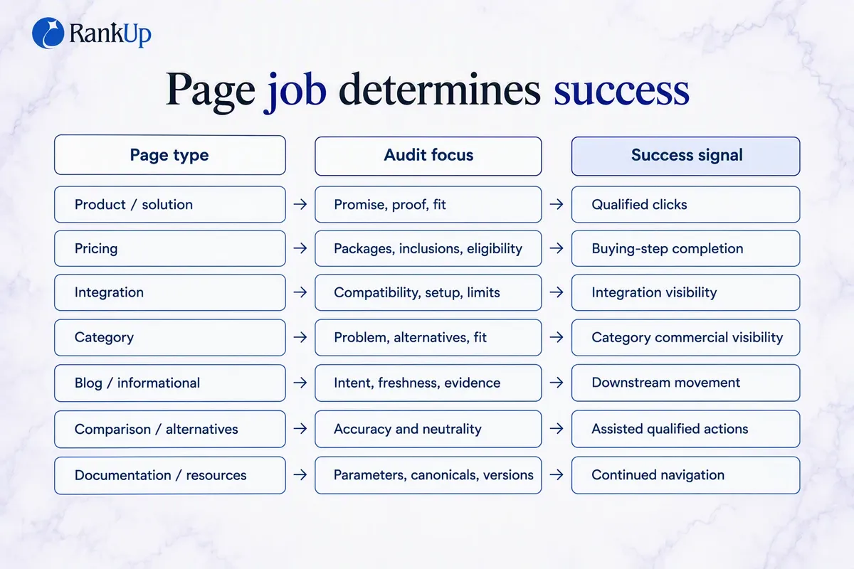 Matrix matching seven B2B page types to their audit focus and success signal.