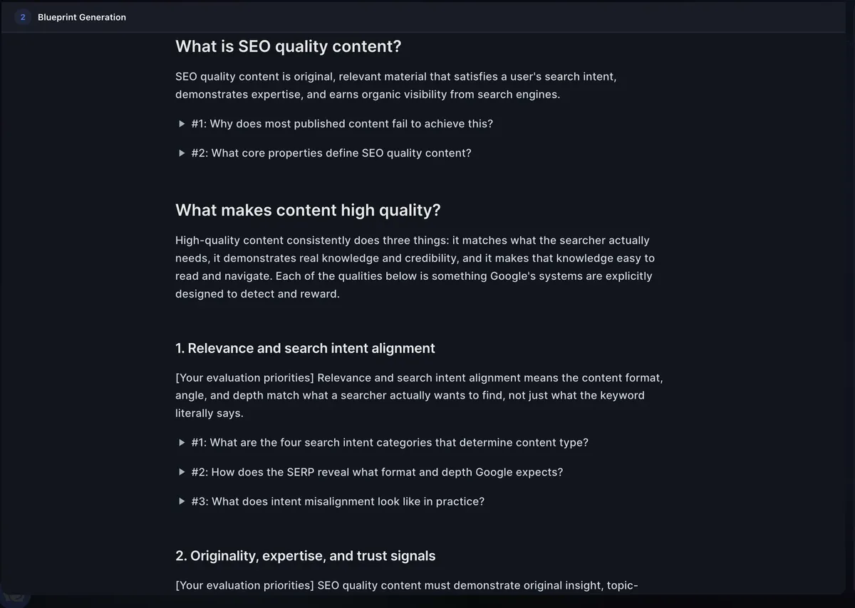 RankUp Content Blueprint with section answers and numbered writing guidance