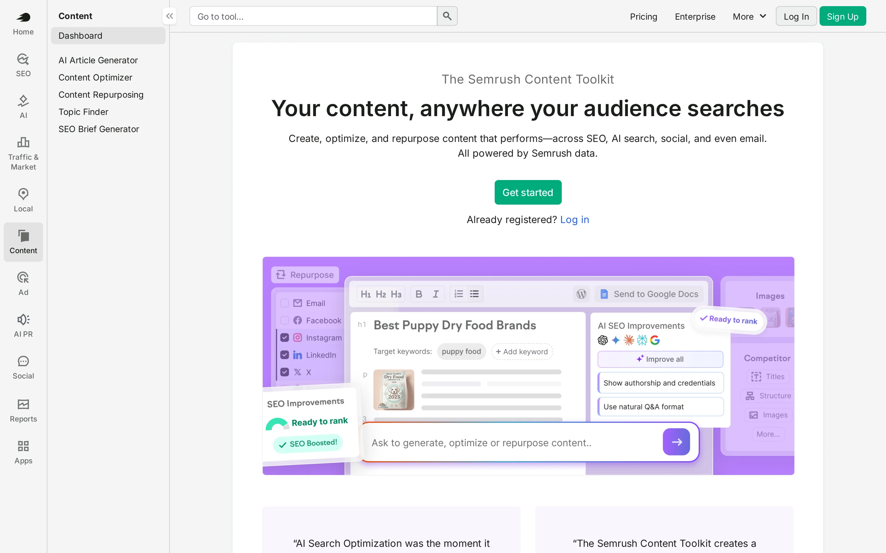 Semrush Content Toolkit interface for topic discovery, AI drafting, and content repurposing