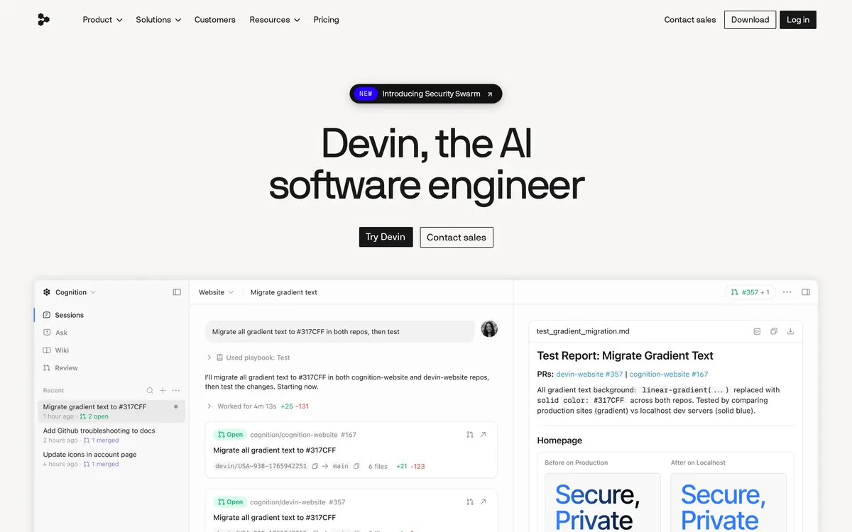 Devin homepage showing its AI software engineering agent