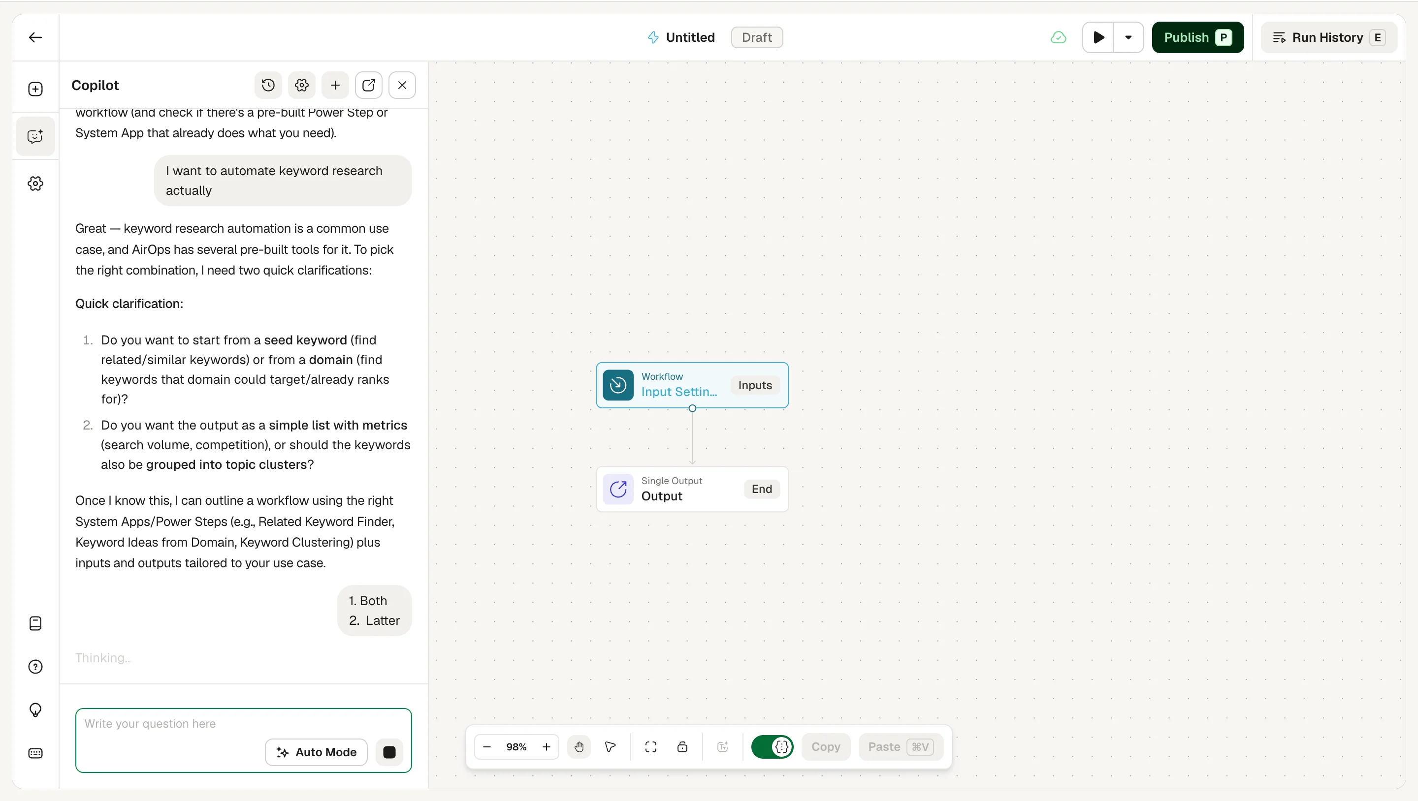 AirOps Copilot asking about data sources and output format while building a keyword research workflow