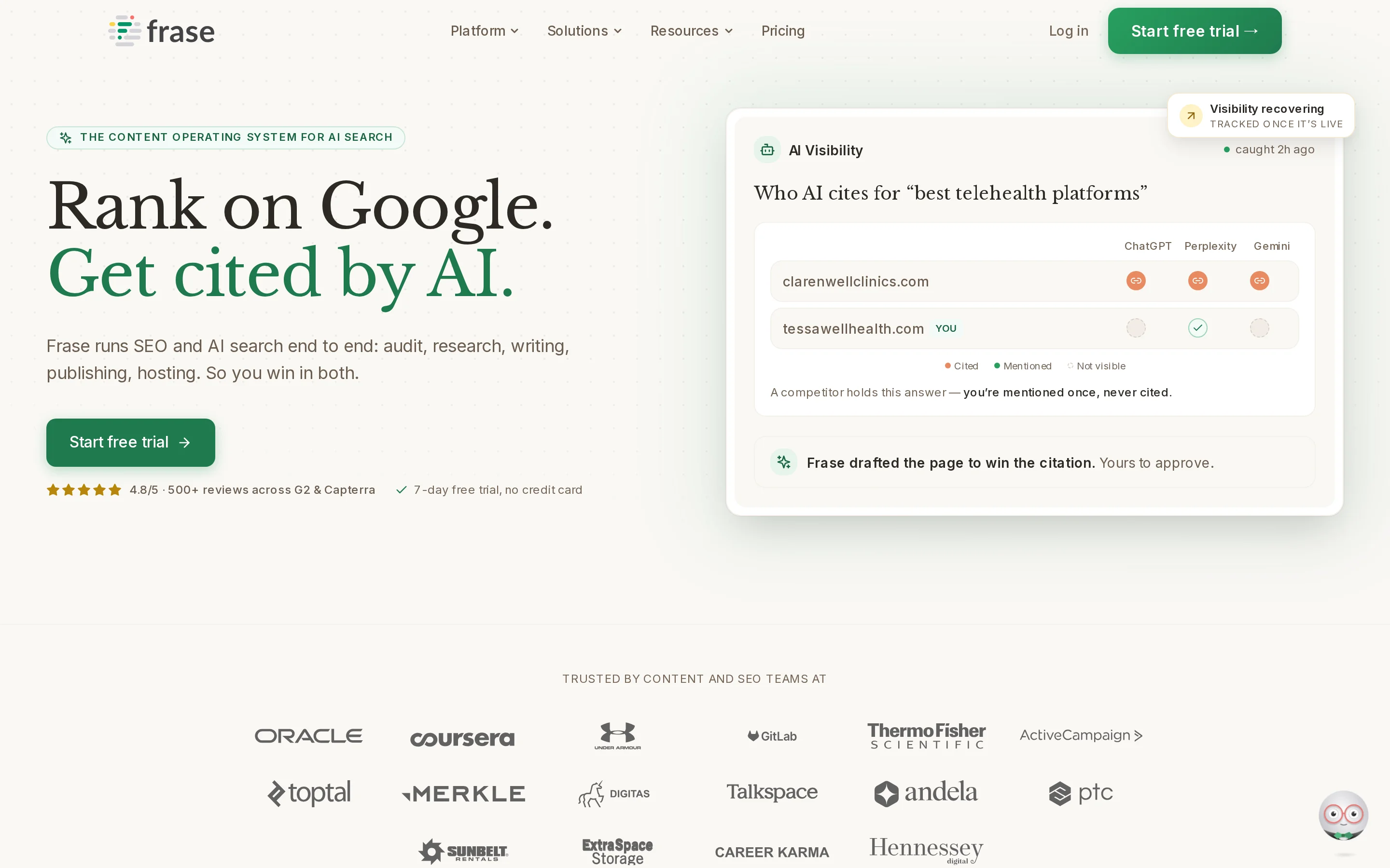 Frase homepage hero presenting its AI content and SEO platform