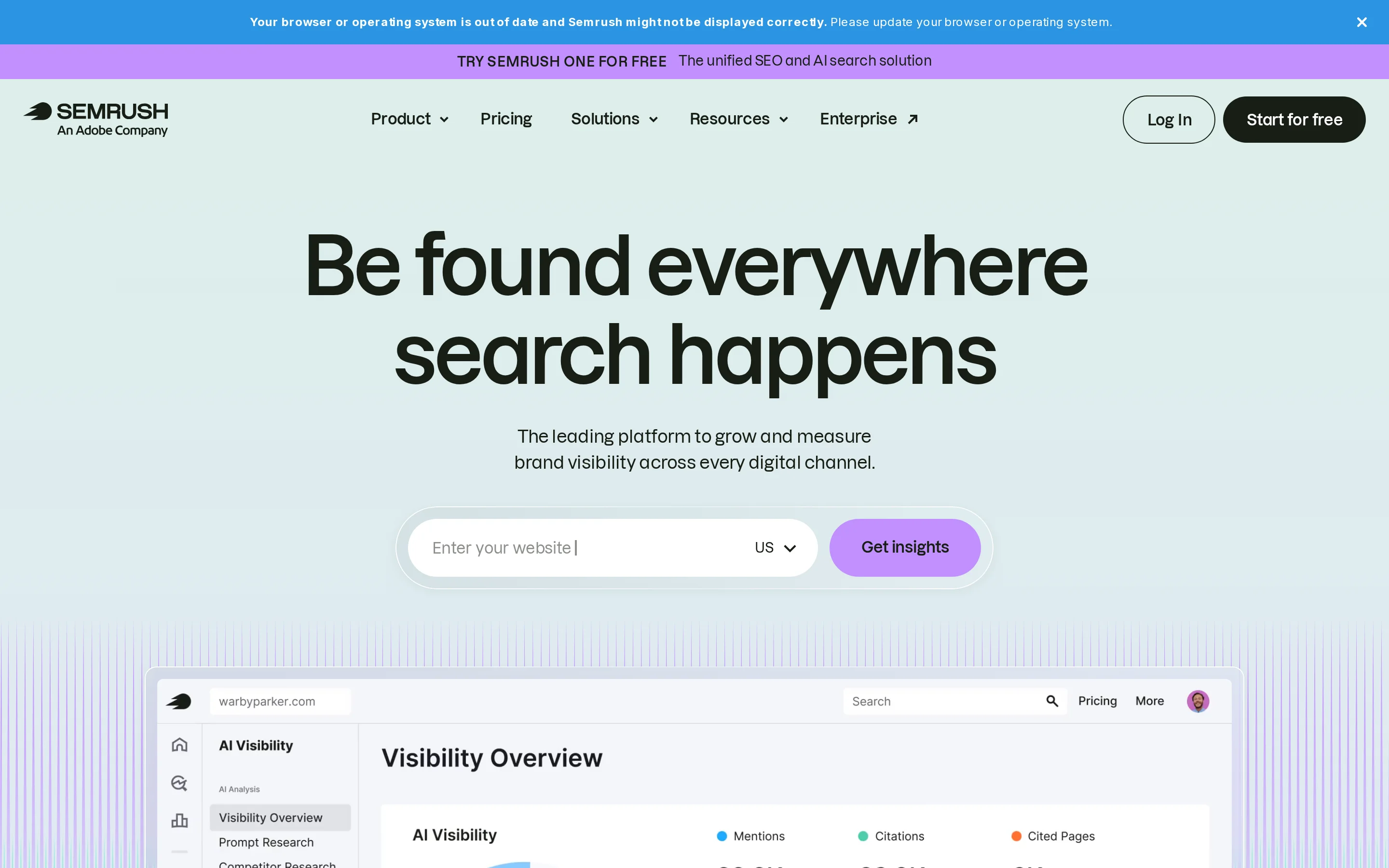 Semrush homepage hero presenting its search marketing platform