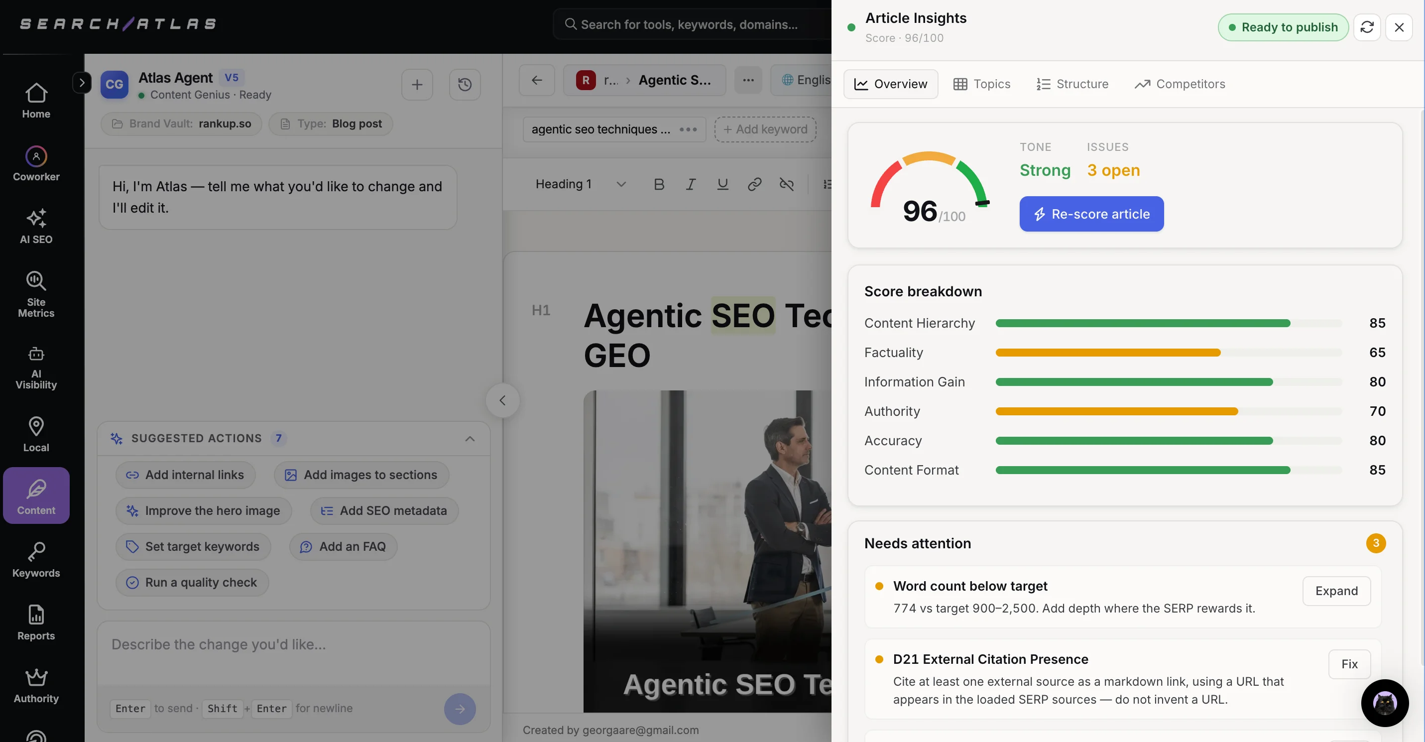 Search Atlas Article Insights panel showing a 96 out of 100 score and quality breakdown