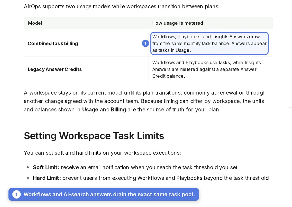 AirOps billing documentation explaining task-based usage rules and testing task limits