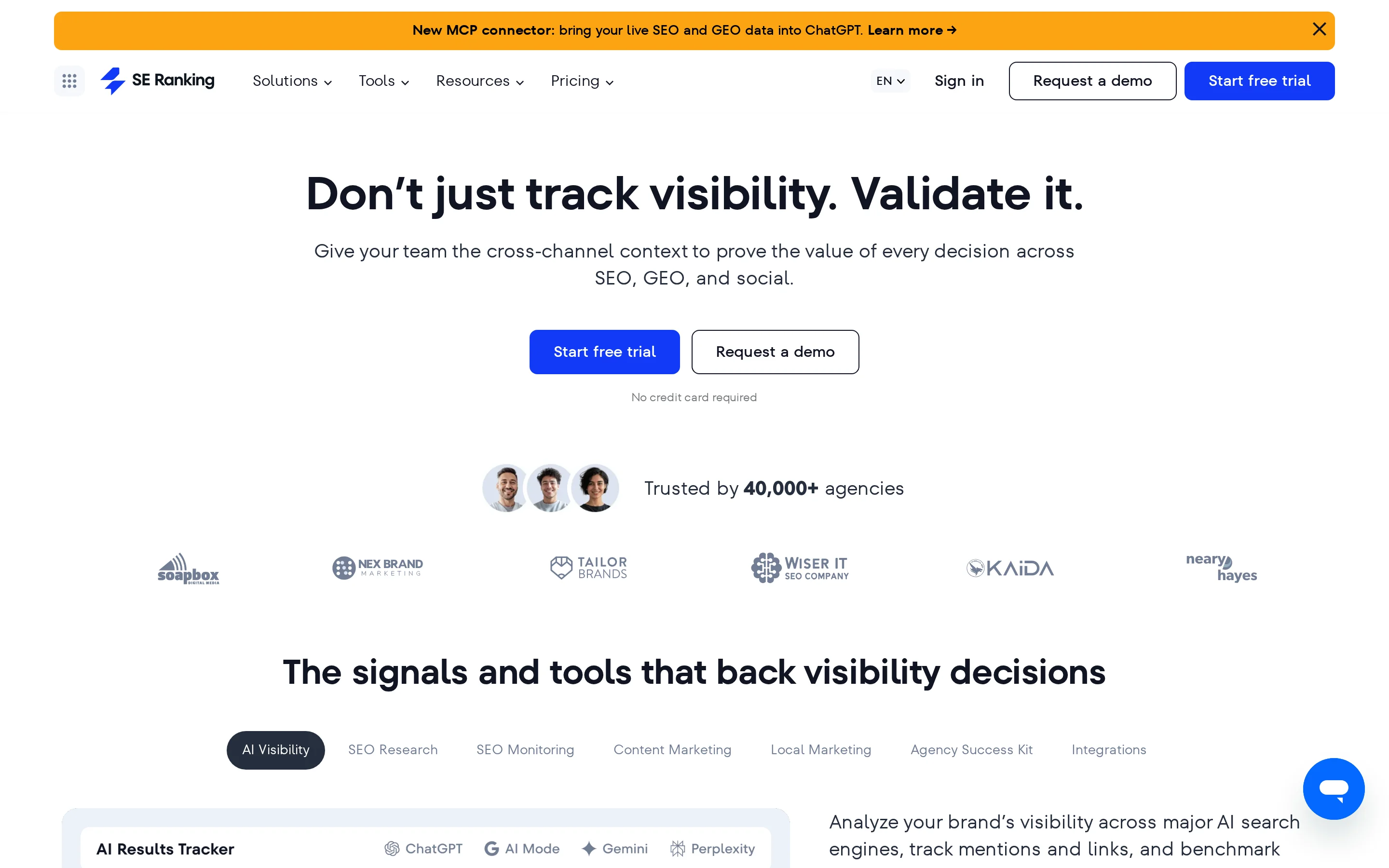 SE Ranking homepage showing its all-in-one SEO platform for research, tracking, and audits SE Ranking homepage showing its all-in-one SEO platform for research, tracking, and audits