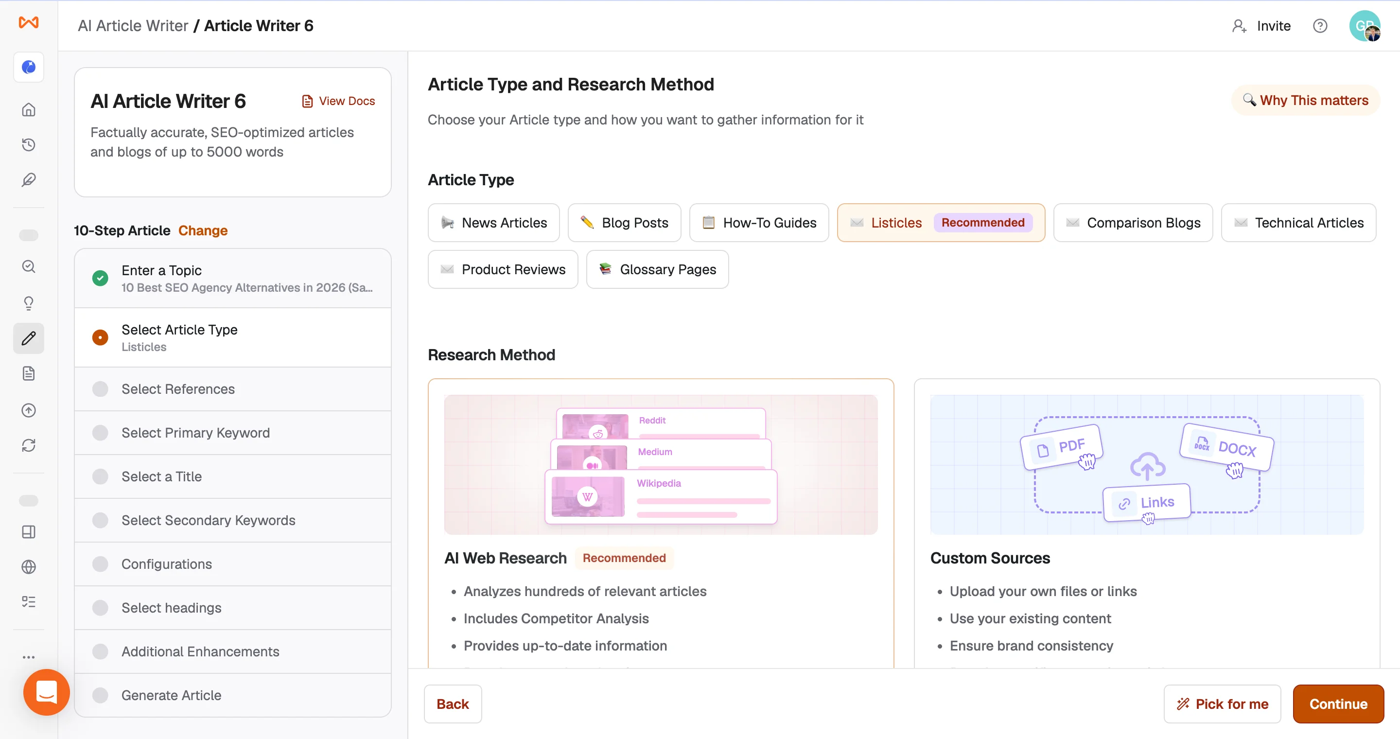 Writesonic article type and research method selection screen