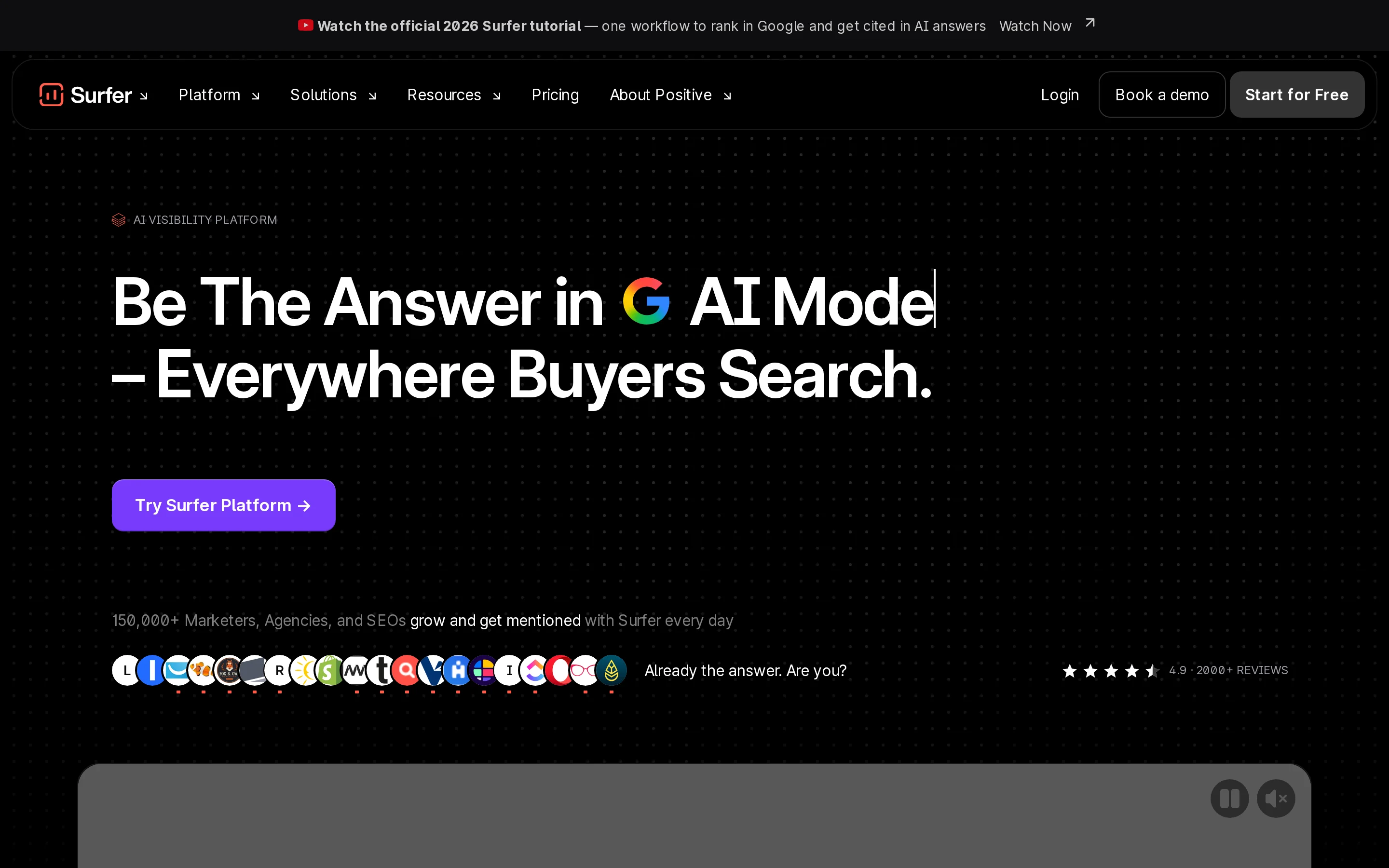 Surfer homepage hero presenting its SEO content optimization platform