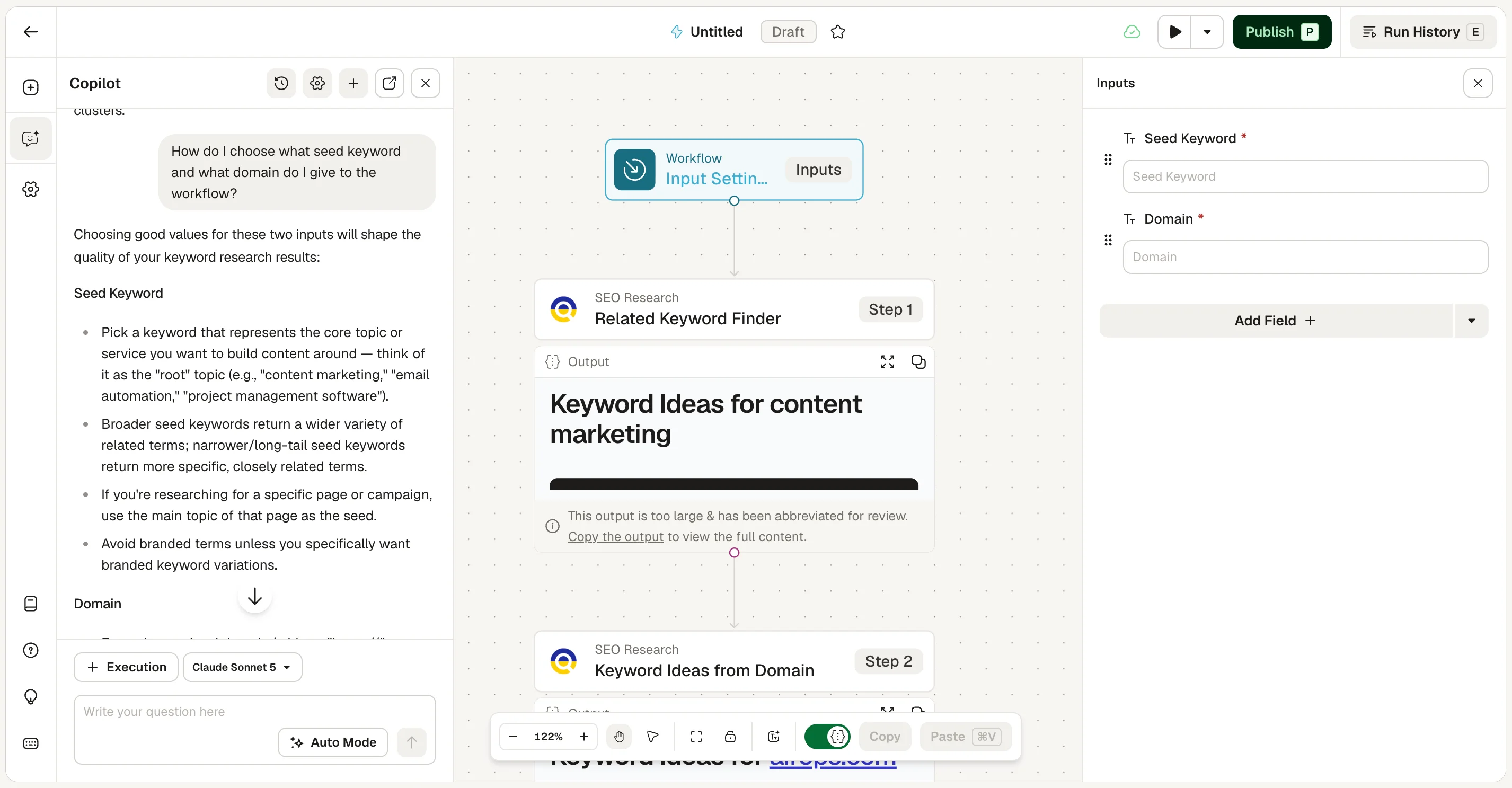 AirOps workflow canvas with Input Settings, Related Keyword Finder, and Keyword Ideas from Domain connected in sequence