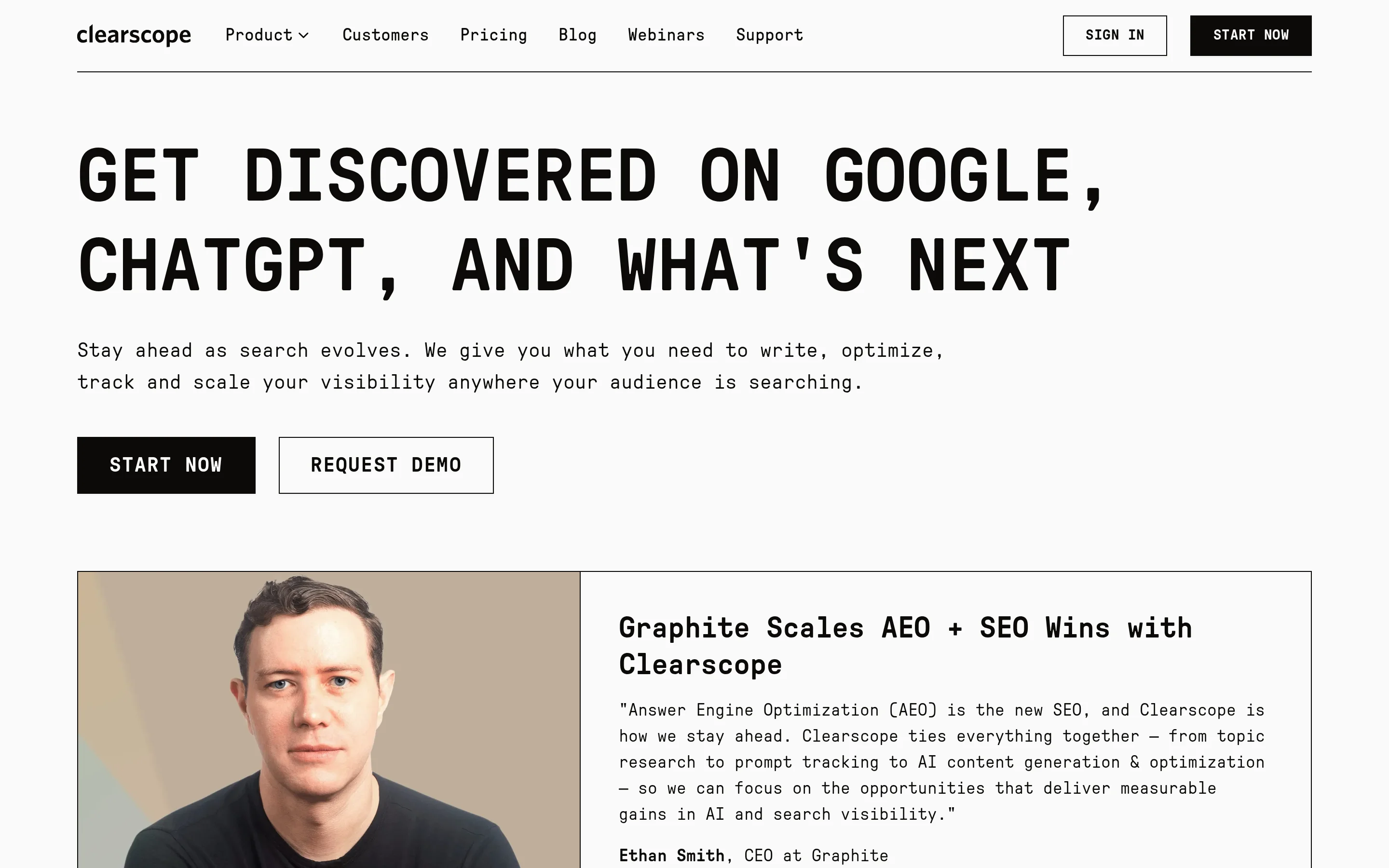 Clearscope homepage hero highlighting cross-platform search optimization on Google and ChatGPT