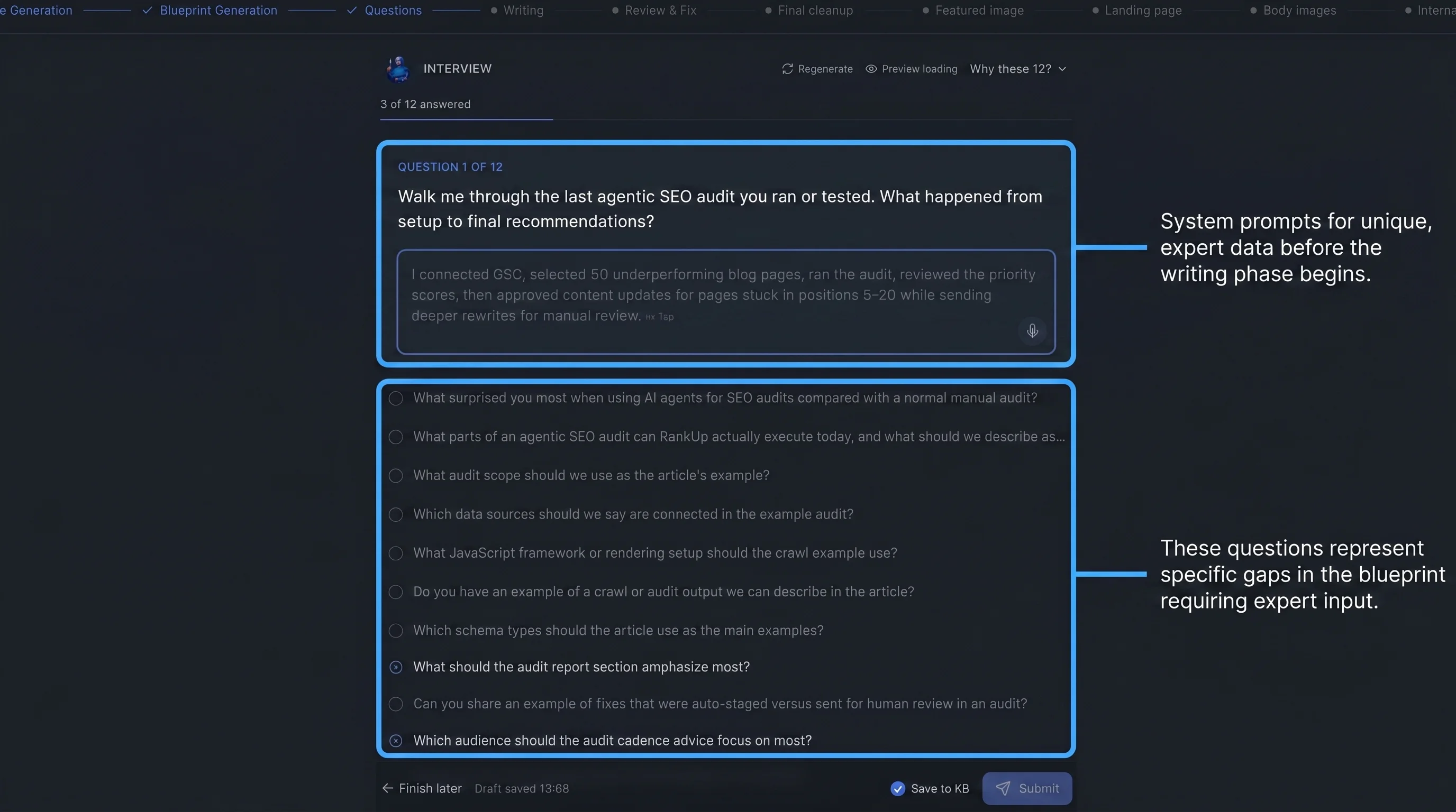 RankUp content interview screen collecting expert input for quality SEO content