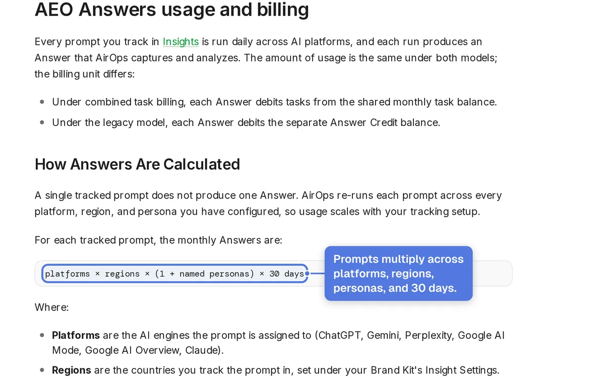 AirOps billing documentation explaining task-based usage rules and testing task limits (2)