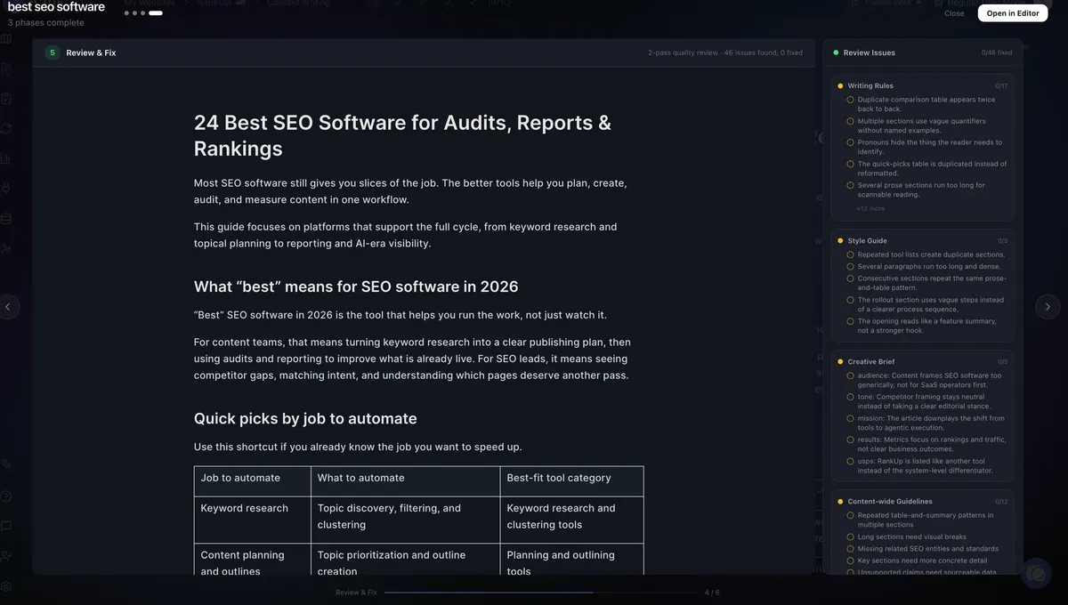 RankUp review step listing issues grouped by writing rules, style guide and creative brief compliance