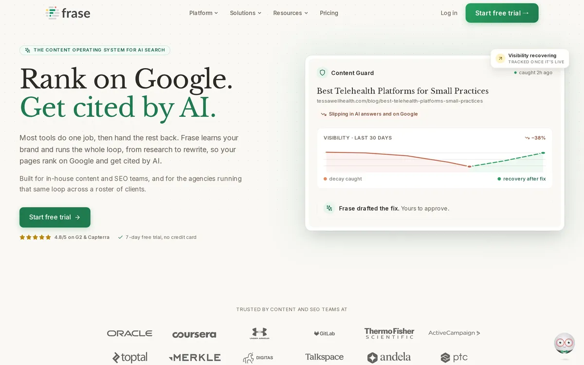 Frase homepage hero presenting its SEO and AI content optimization platform