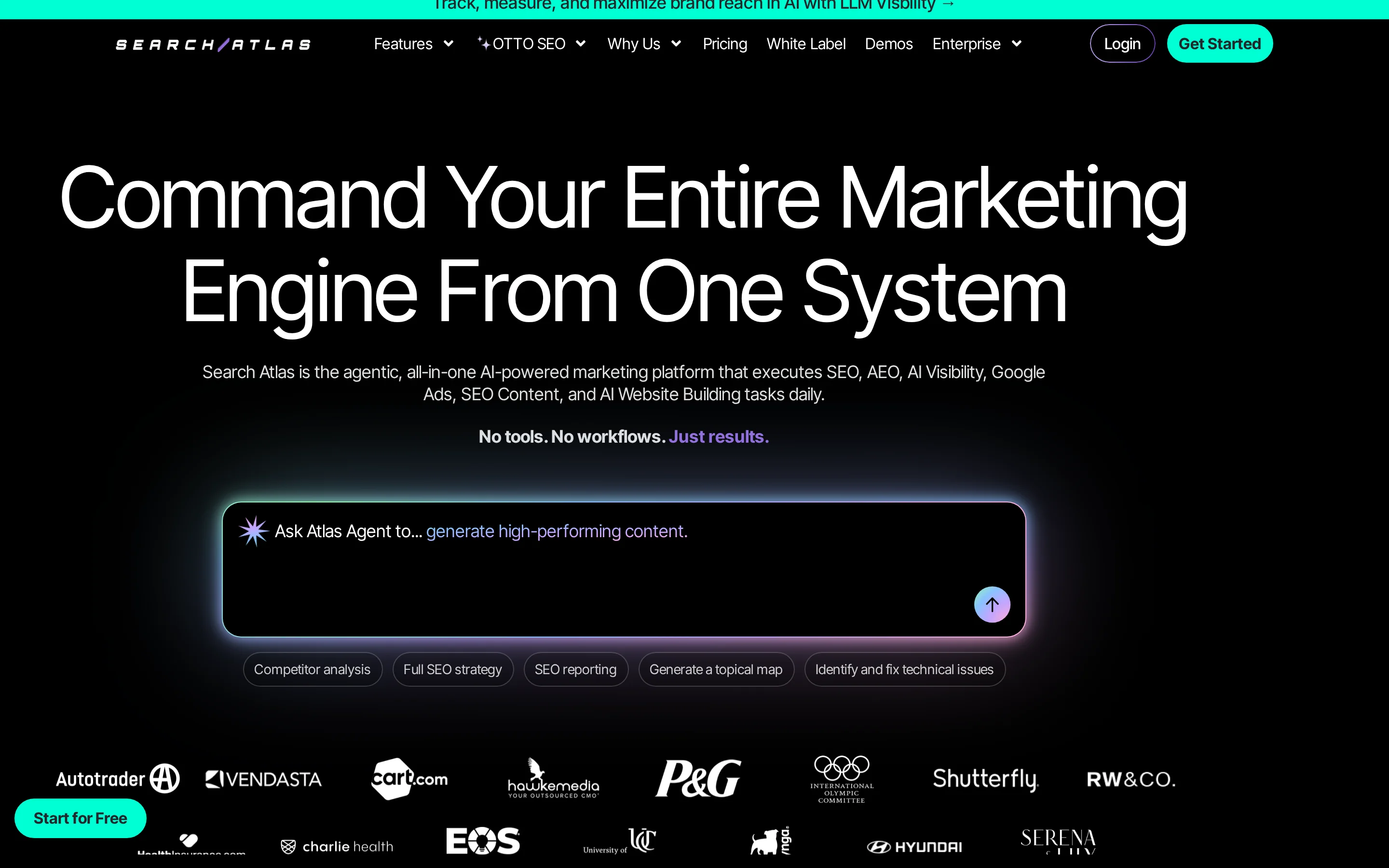null Search Atlas landing page showing the Atlas Agent prompt and SEO workflow options