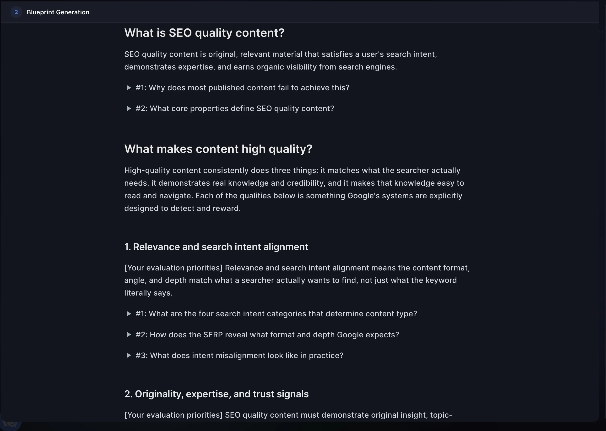RankUp Content Blueprint showing structured guidance for creating search-focused content