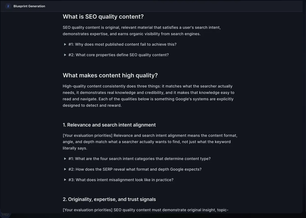 RankUp blueprint showing a direct answer and numbered talking points for each article section