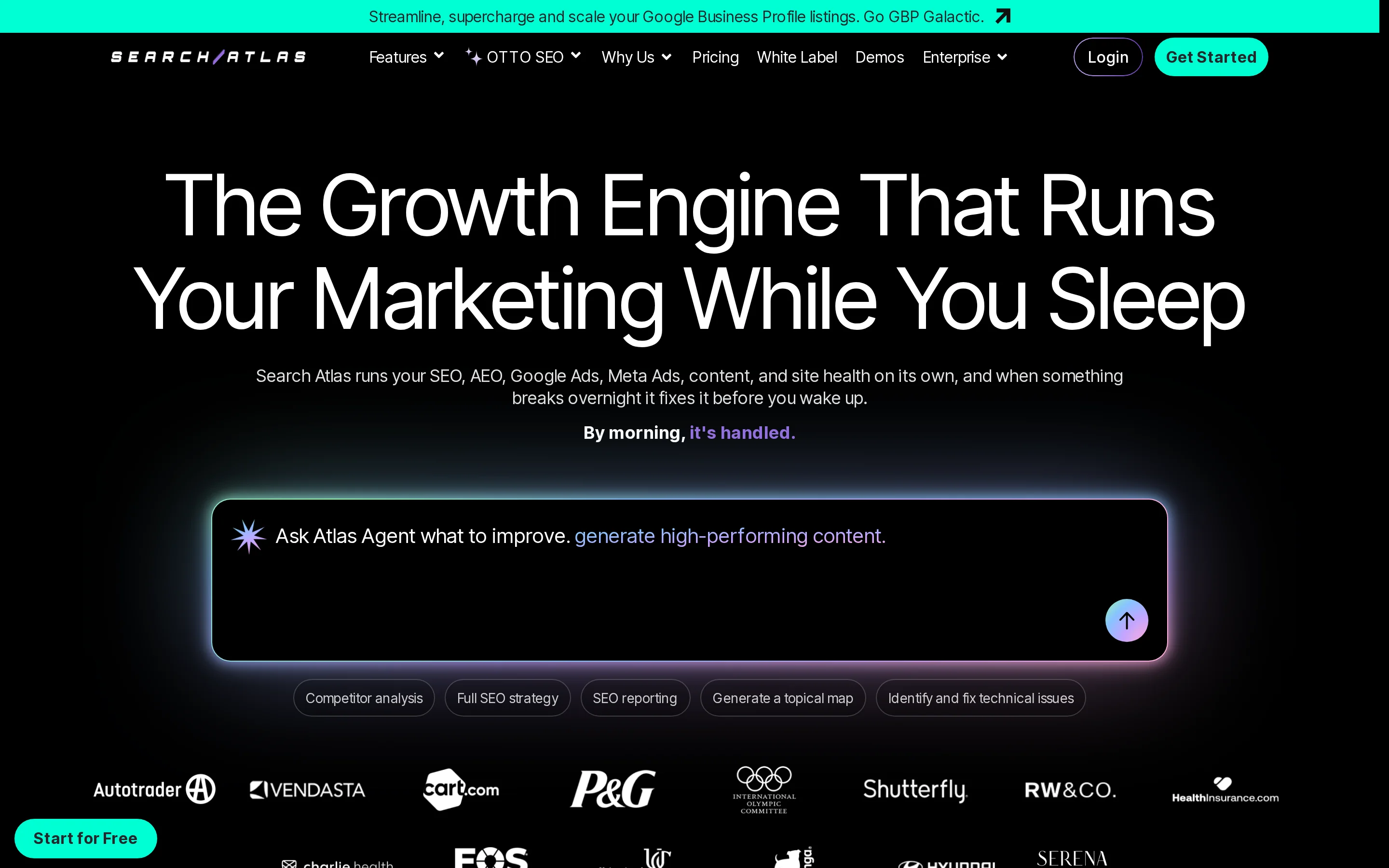 Search Atlas homepage hero presenting its SEO software platform