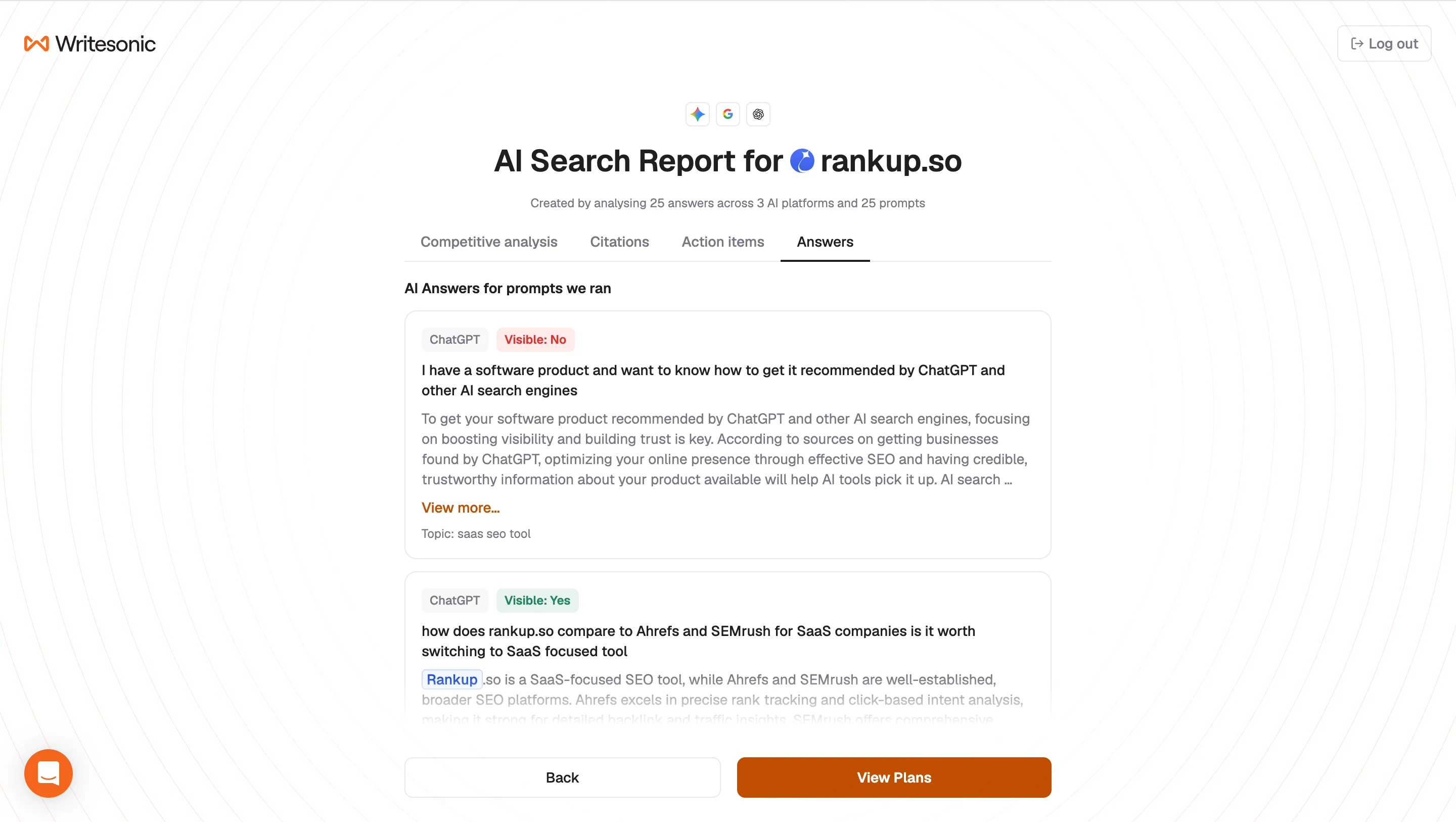 Writesonic’s initial AI search report generated after onboarding, showing the Answers tab with prompts, AI responses, platforms, topics, and RankUp visibility
