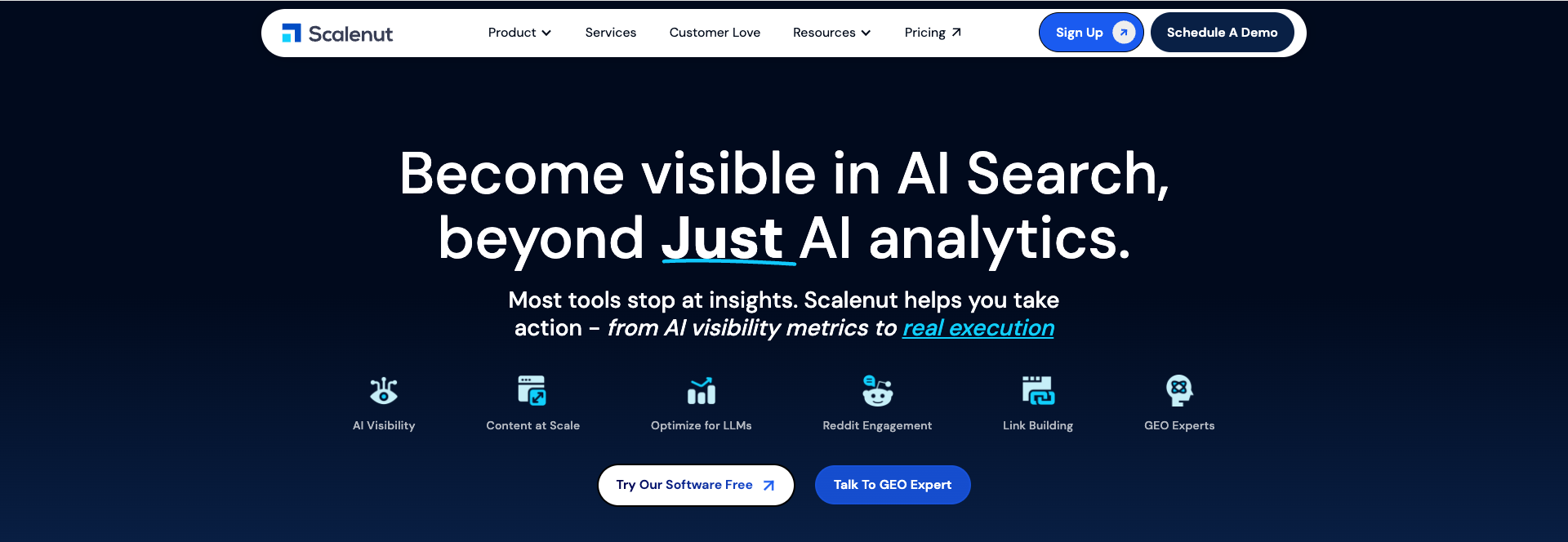 Scalenut homepage positioning around AI search visibility and execution