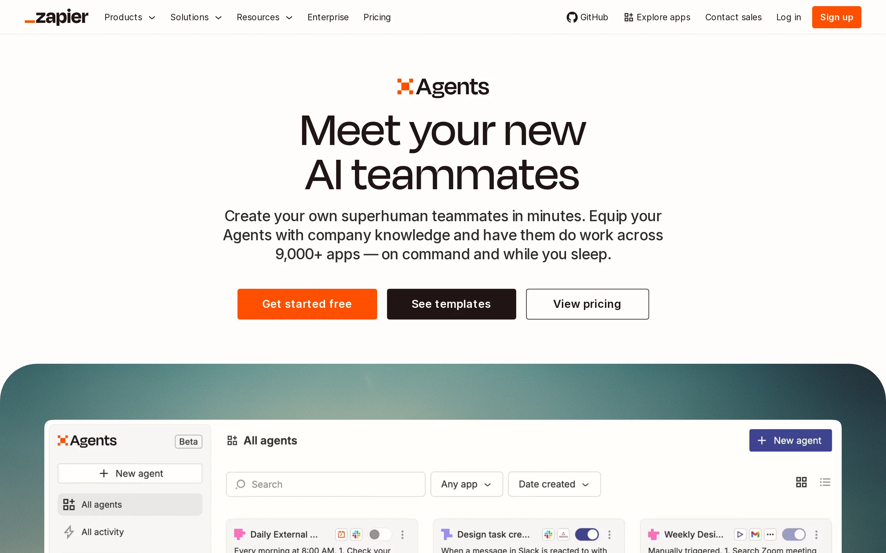Zapier Agents product page showing its AI workflow automation workspace