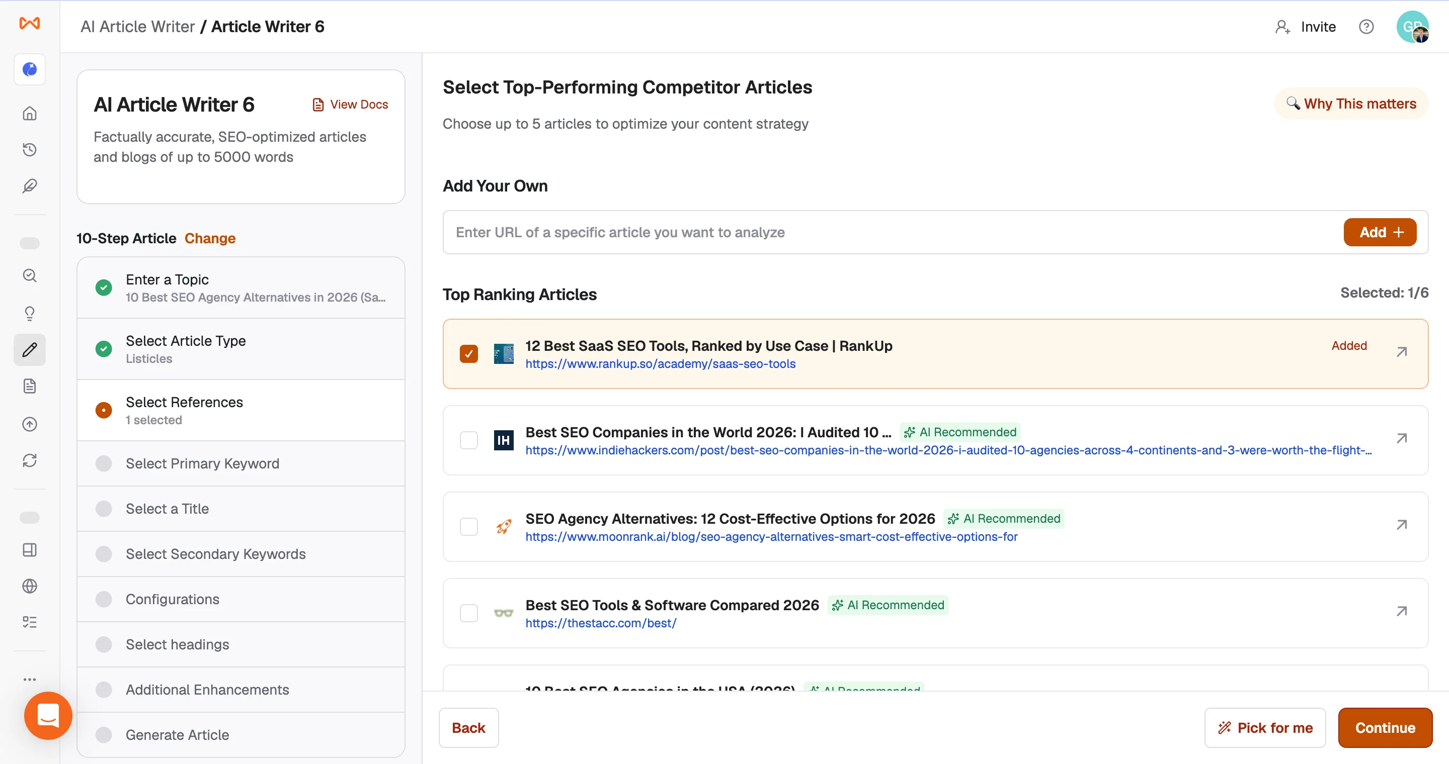 Writesonic reference selection screen listing competitor articles
