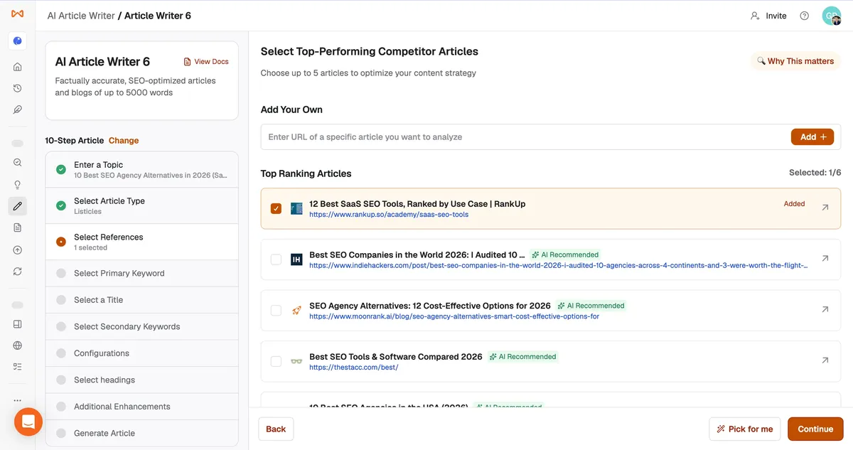 Writesonic reference selection screen listing competitor articles