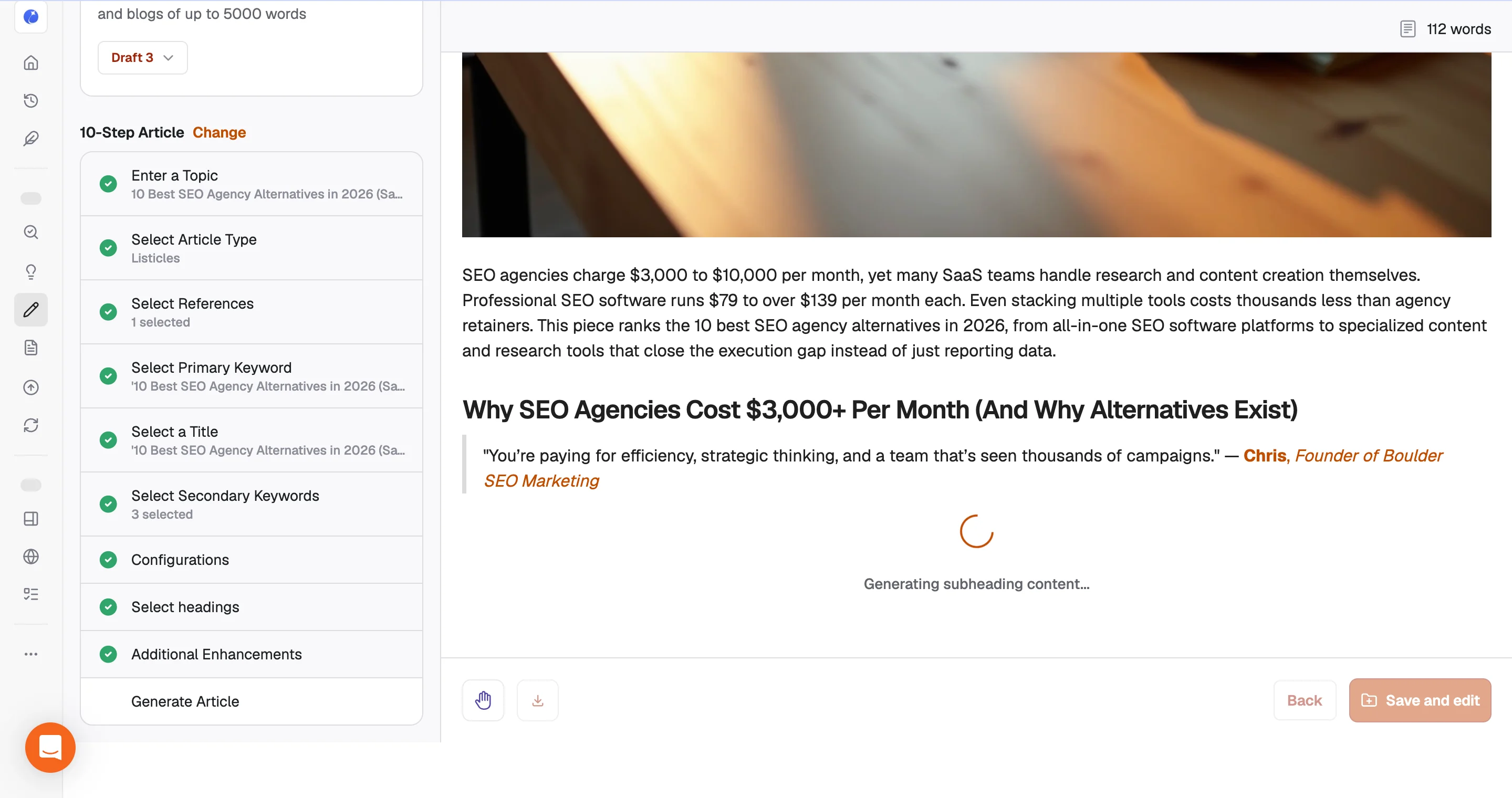 Writesonic generating the first section of an SEO agency alternatives article