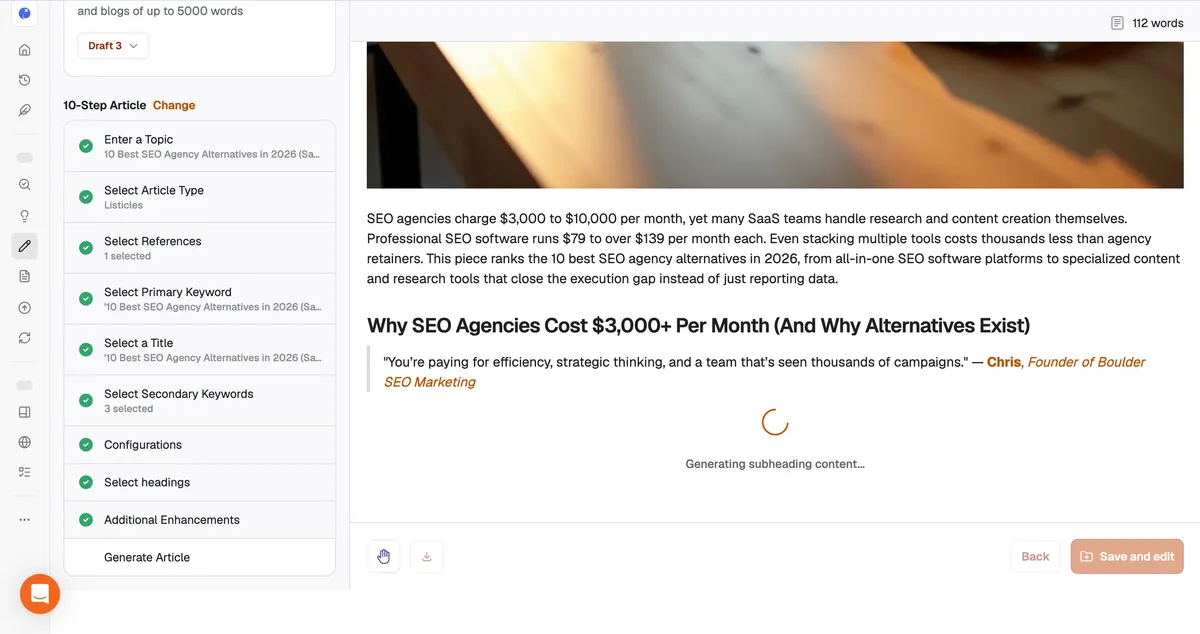 Writesonic generating the first section of an SEO agency alternatives article