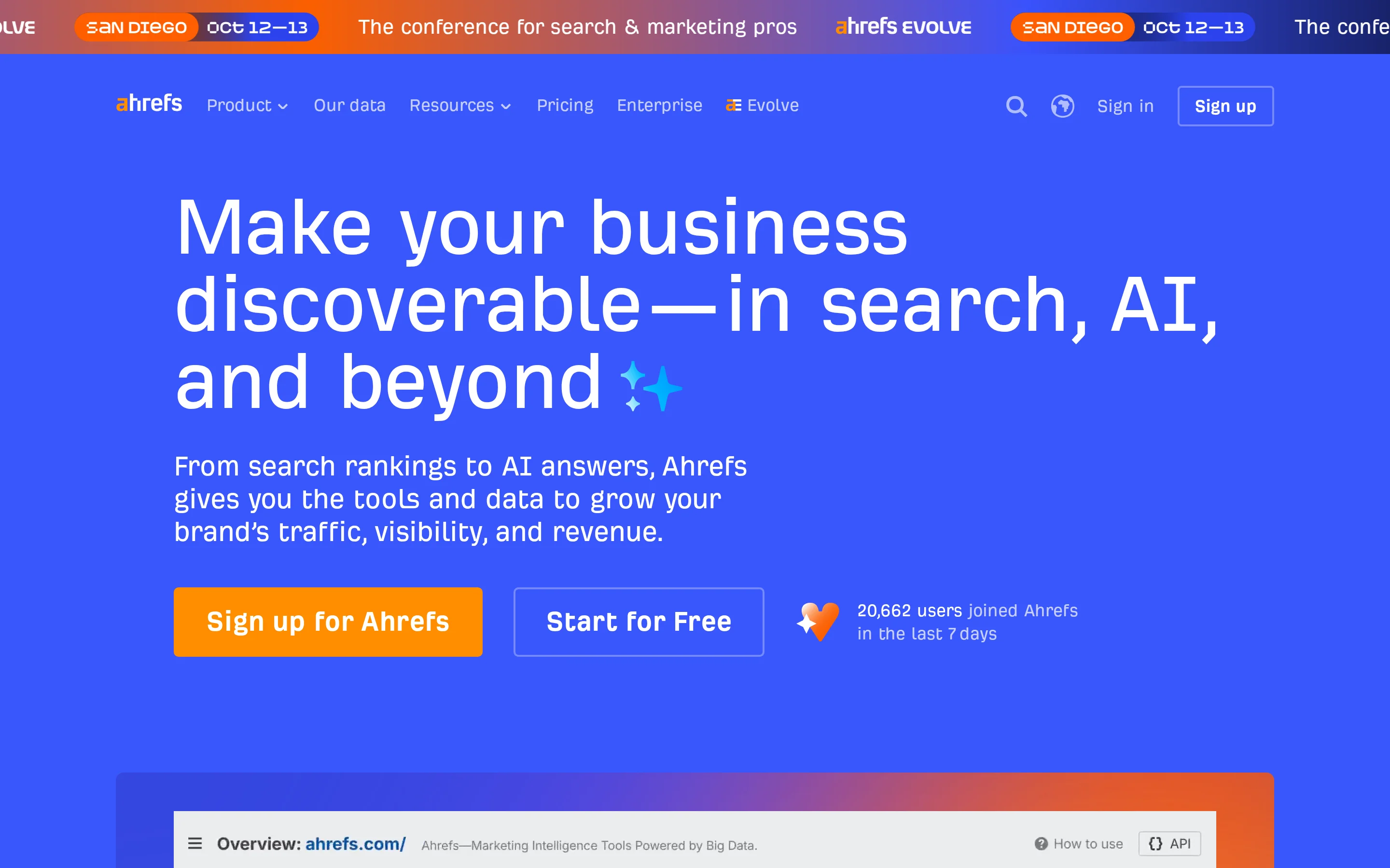 Ahrefs homepage hero presenting its SEO and marketing platform