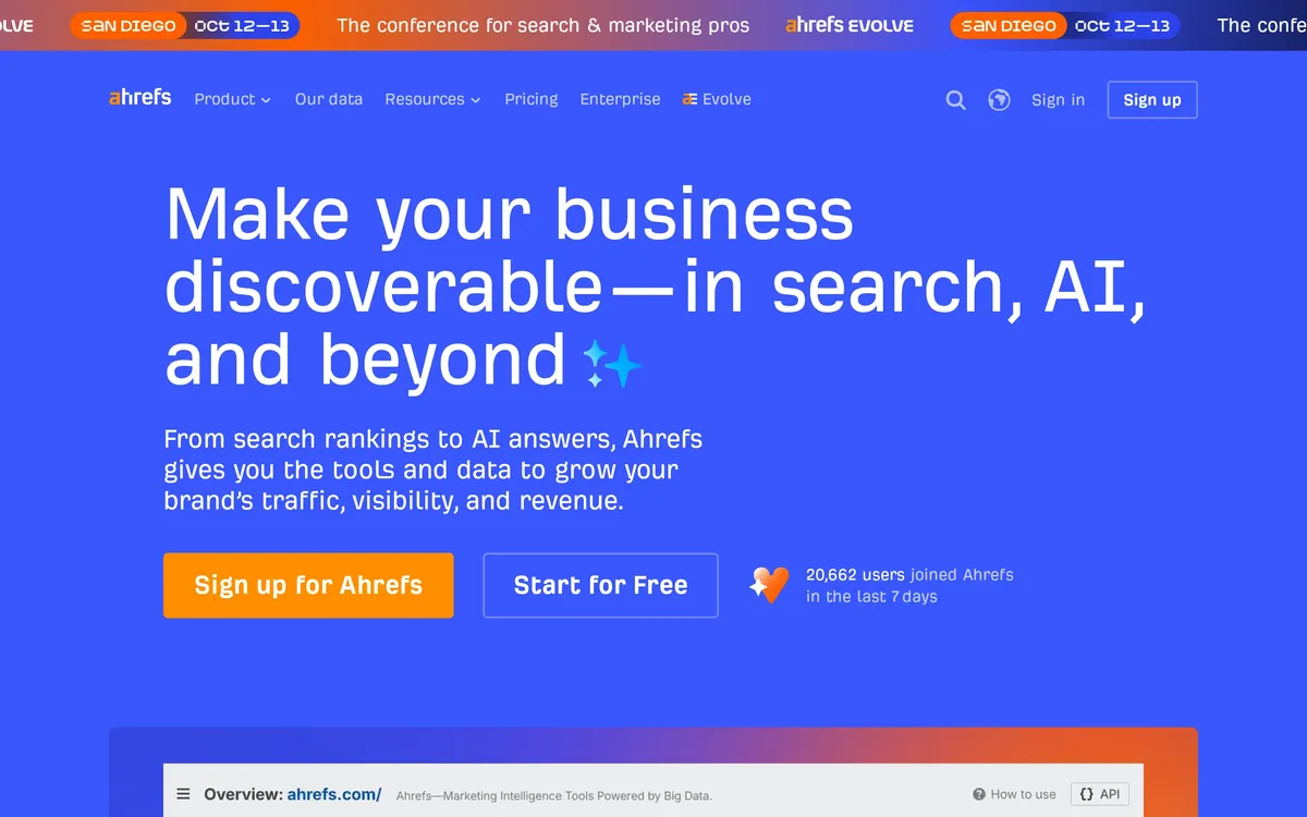 Ahrefs homepage hero presenting its SEO and marketing platform