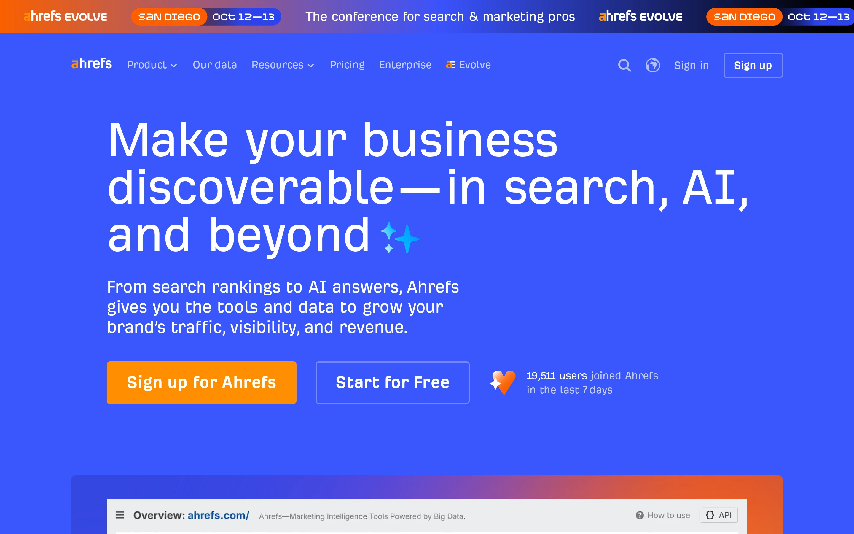 Ahrefs homepage hero presenting its SEO and marketing platform