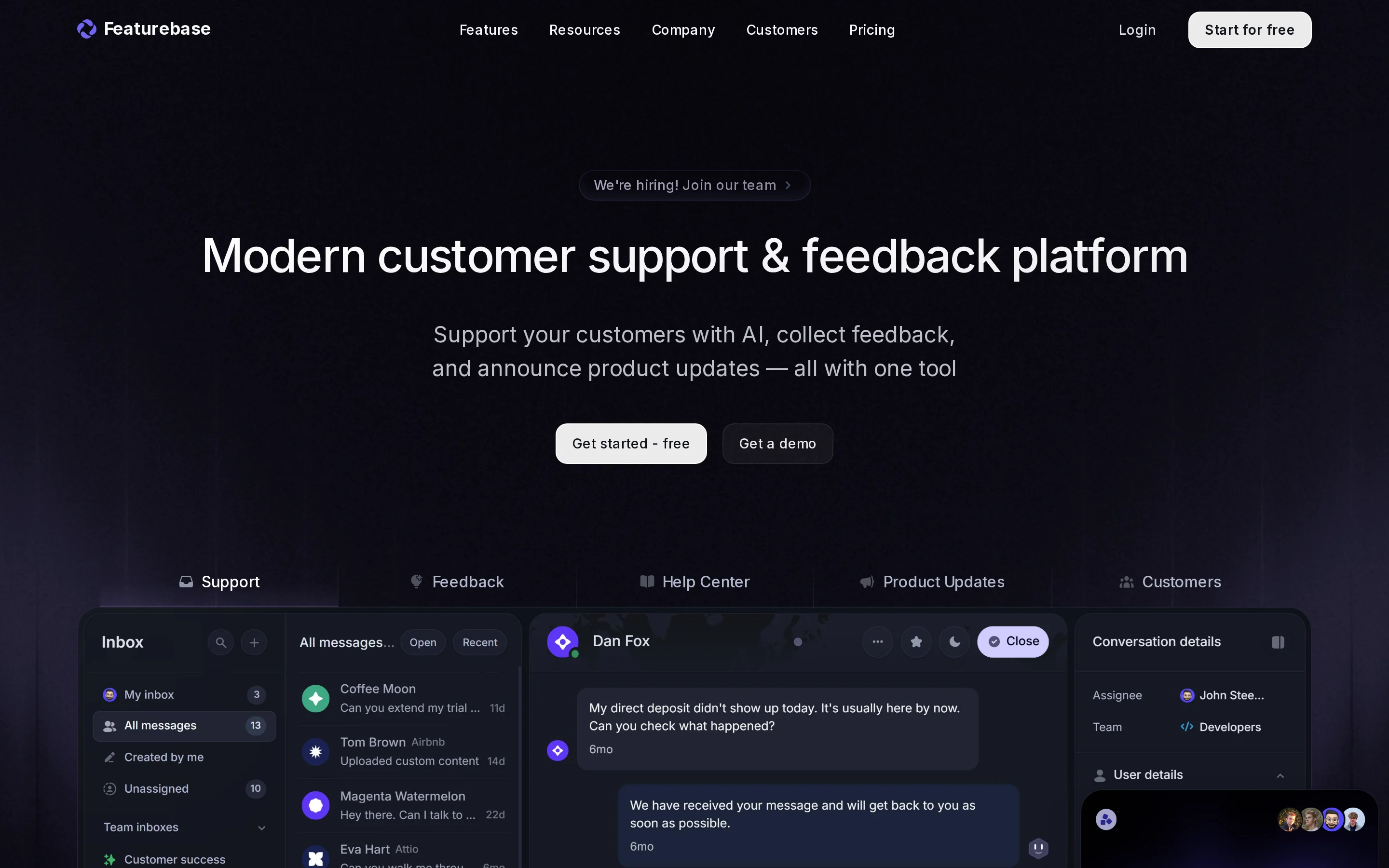 Featurebase landing page with product interface and customer-feedback workflow Featurebase landing page with product interface and customer-feedback workflow