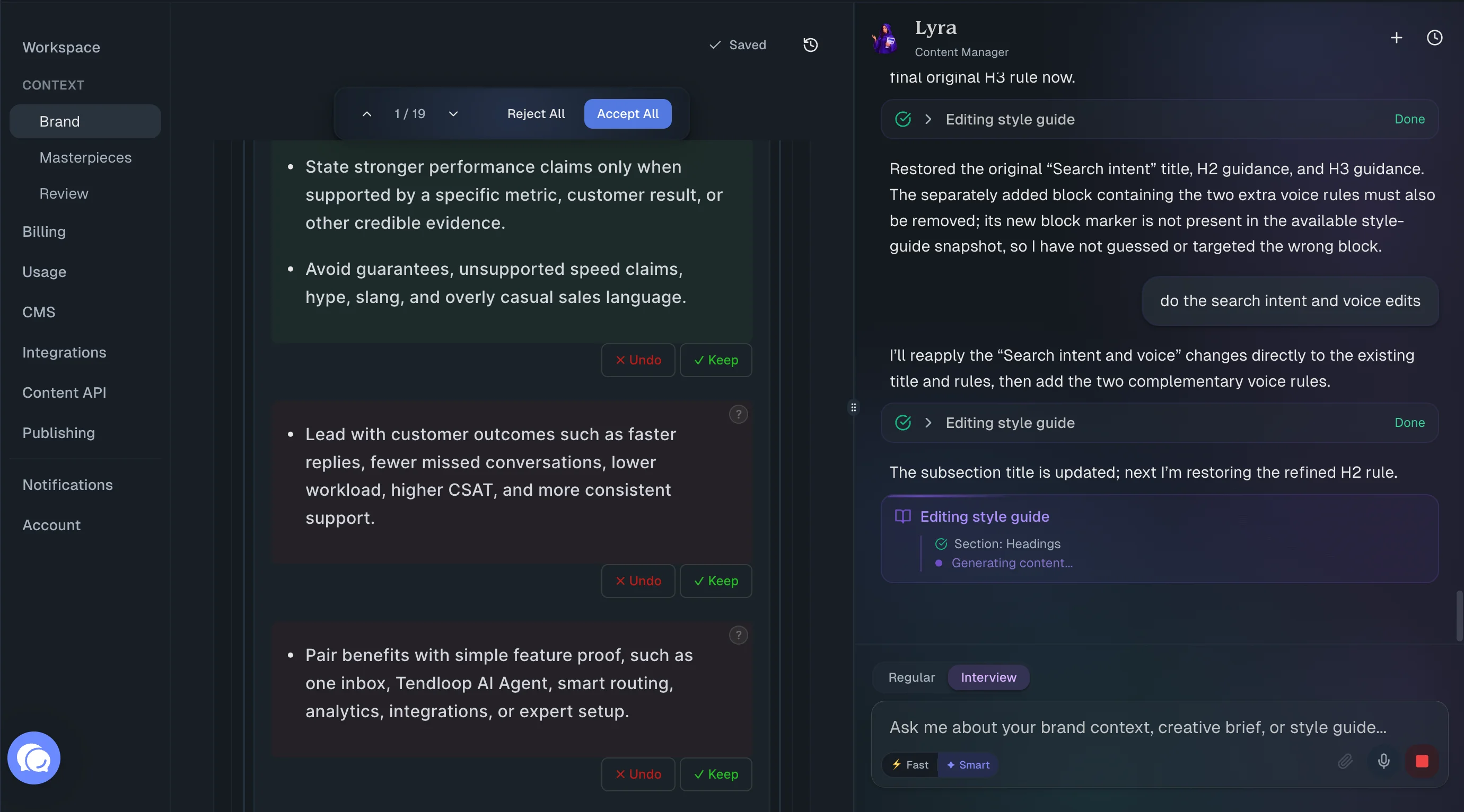RankUp brand guidelines showing content rules and performance-claim guidance managed with Lyra