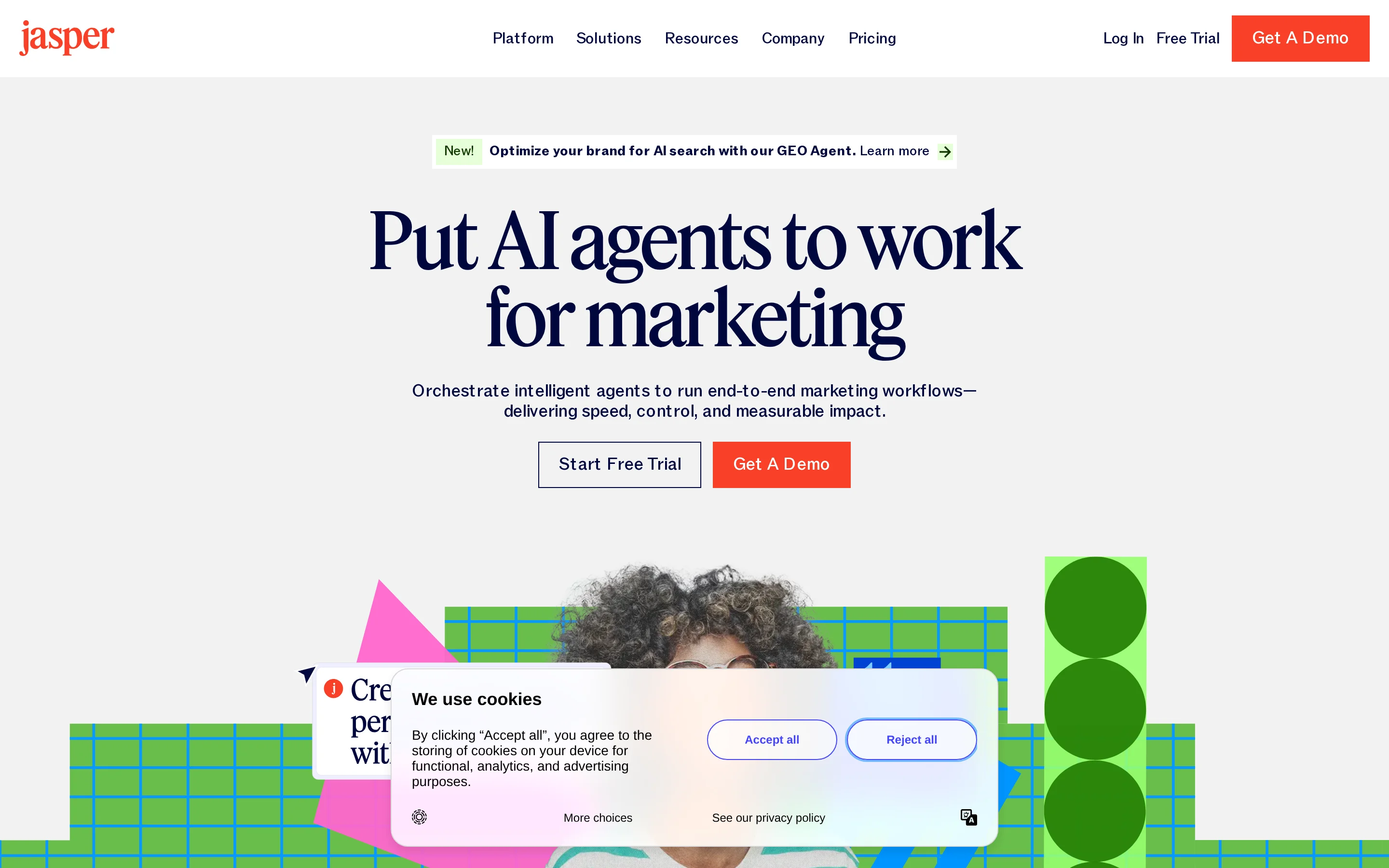 Jasper AI writing workspace for reusable campaign and multi-format marketing drafts