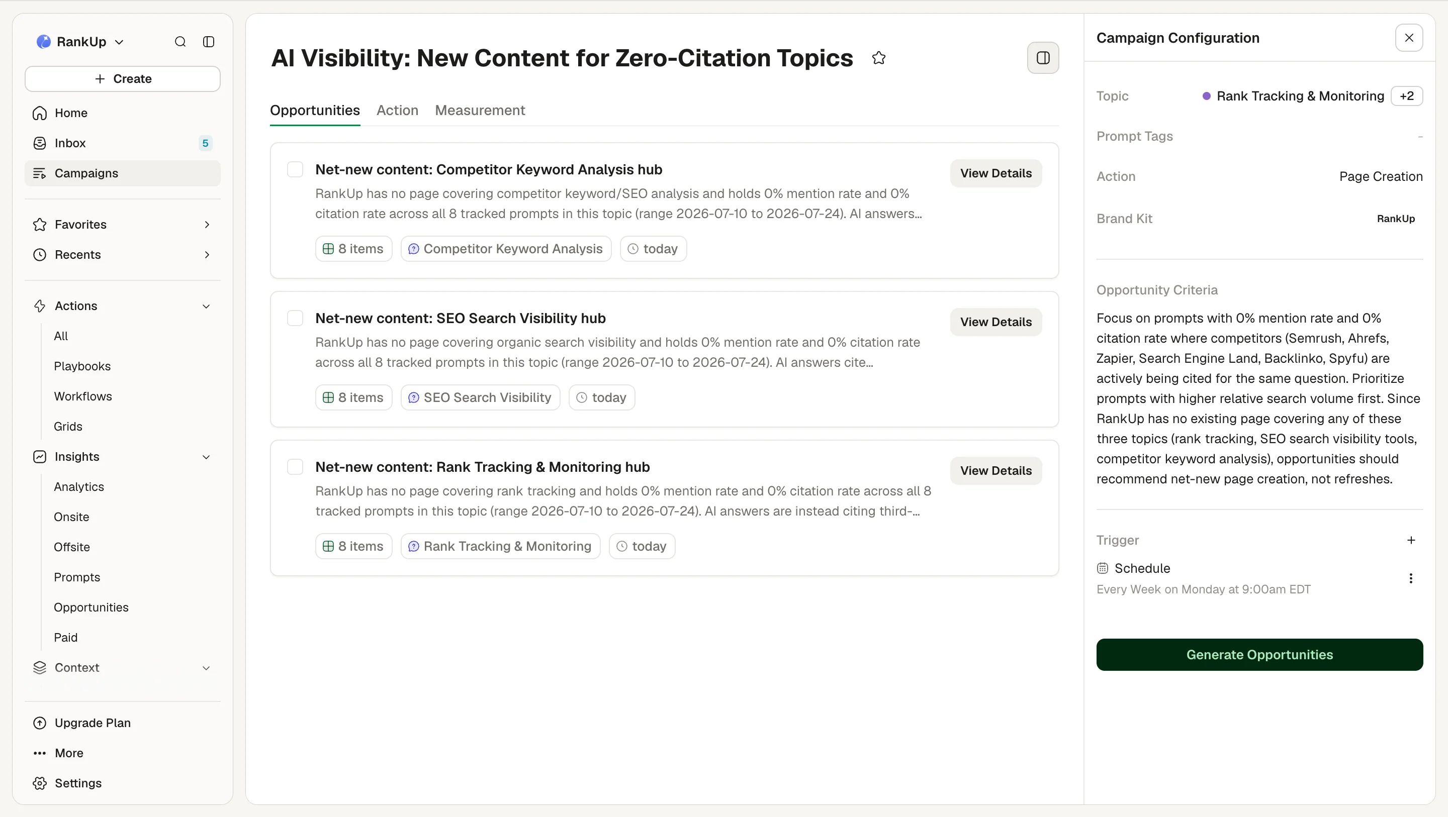 AirOps Quill campaign showing three zero-citation content hub opportunities and the competitor domains holding those citations