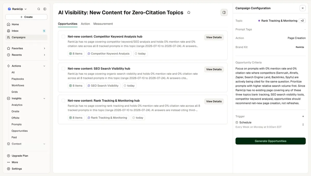 AirOps Quill campaign showing three zero-citation content hub opportunities and the competitor domains holding those citations