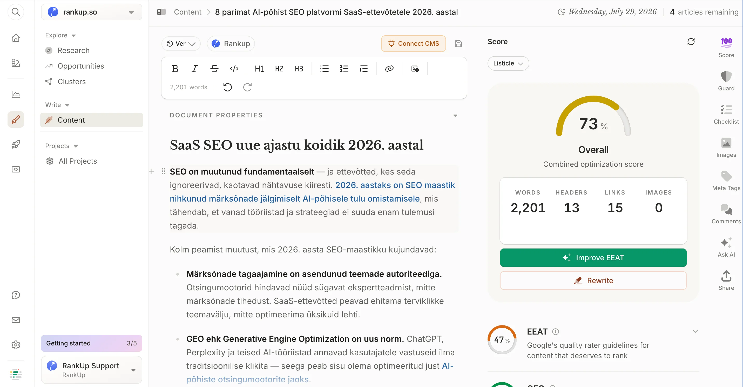 Frase content editor with a finished draft, a combined optimization score of 73%, counts for 2,201 words, 13 headers and 15 links, an EEAT score of 47%, and a Connect CMS button
