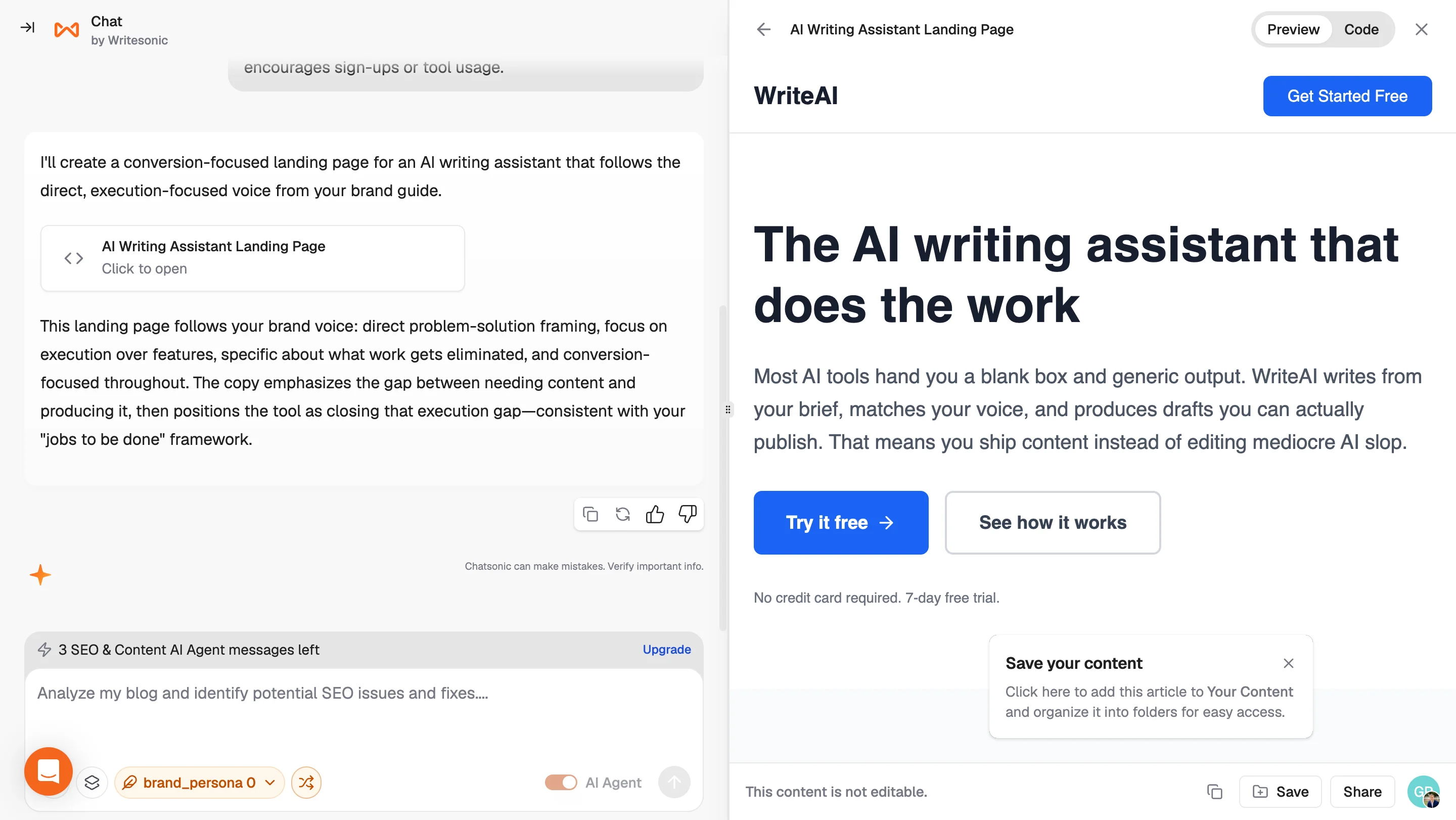 Chatsonic landing-page preview beside the conversational build interface