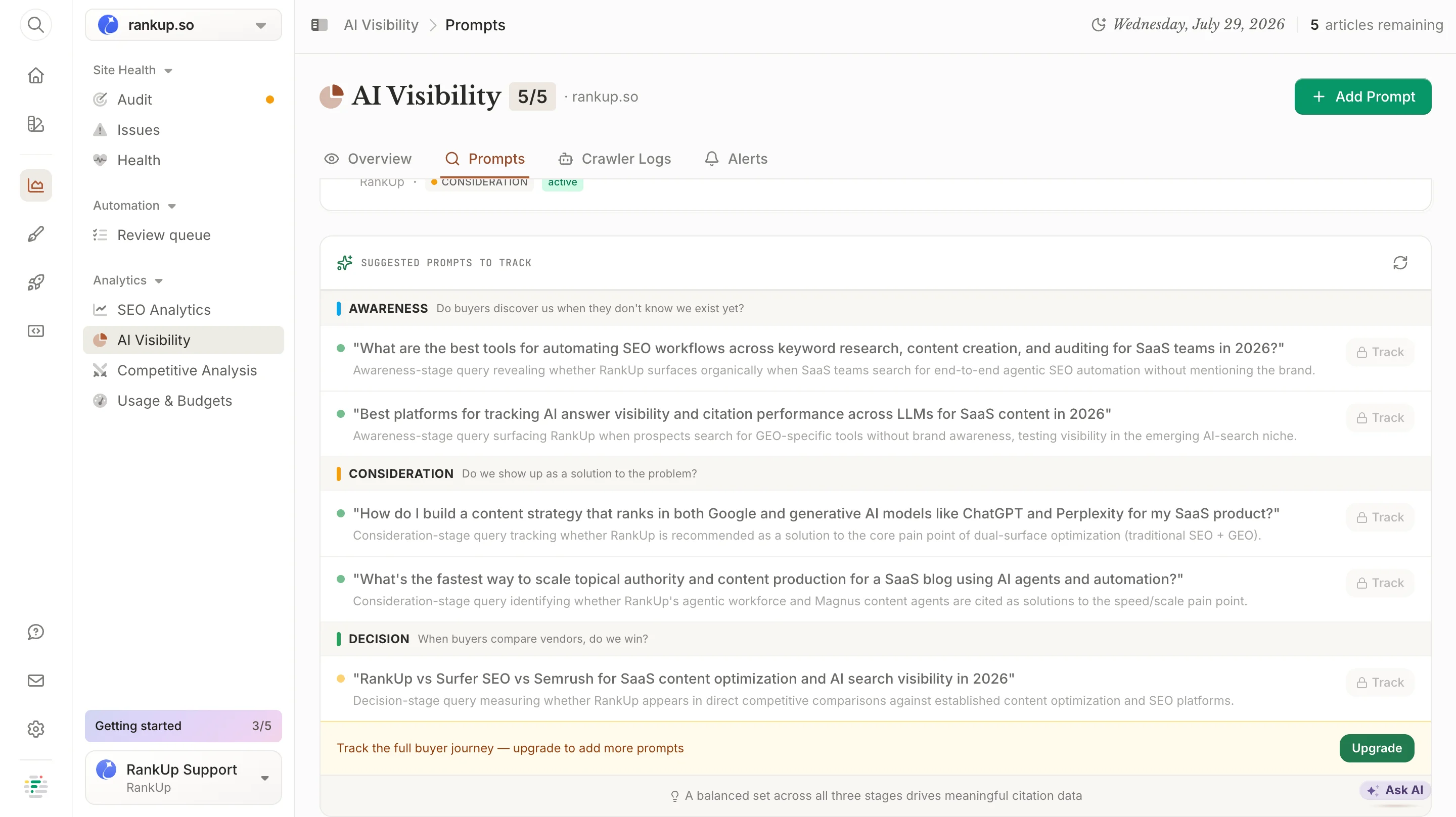 Frase AI Visibility prompts grouped by awareness, consideration, and decision stage