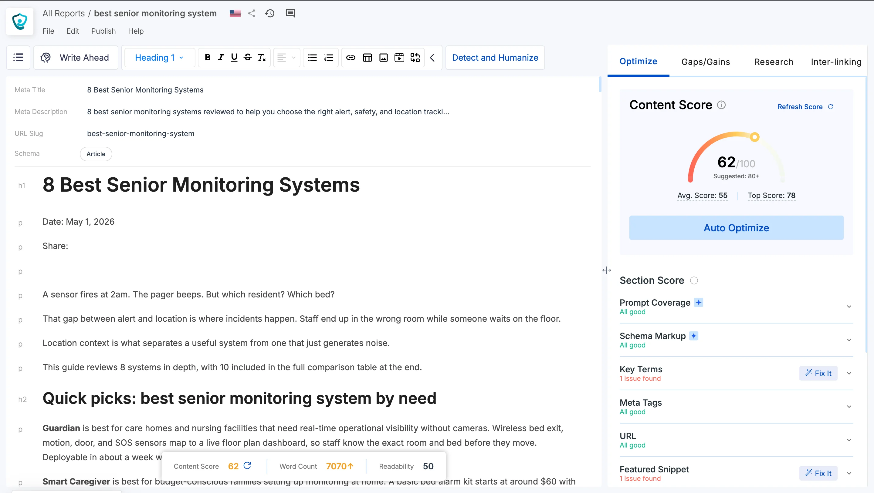 Scalenut Content Optimizer showing a 62 out of 100 score, Auto Optimize, key terms, meta tags, and featured snippets