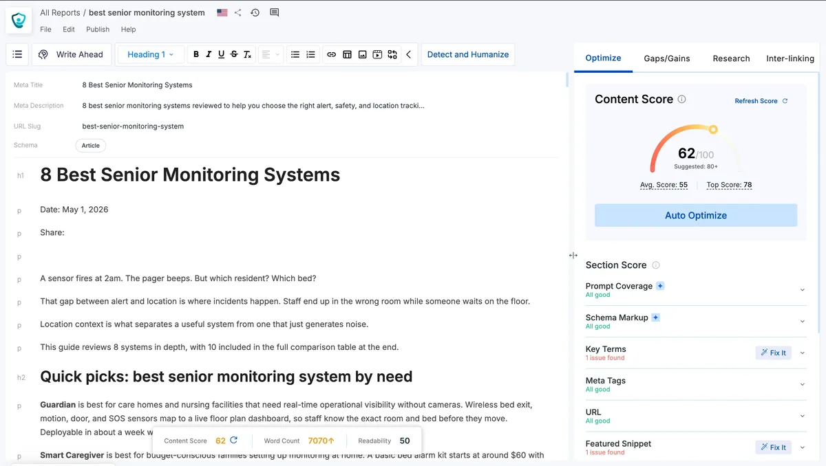 Scalenut Content Optimizer editor showing content score, prompt coverage, schema, key-term checks, meta tags, featured-snippet checks, interlinking, and Auto Optimize