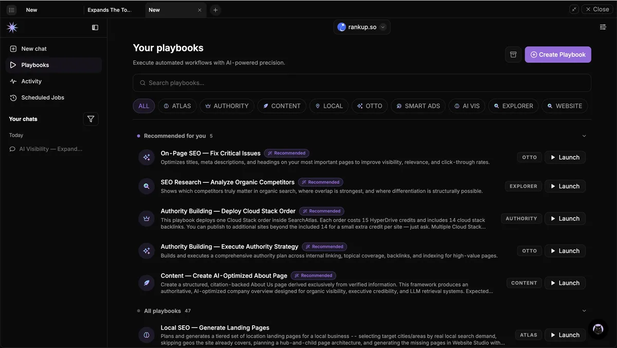 Search Atlas playbook library with on-page, authority, local, and content workflow categories