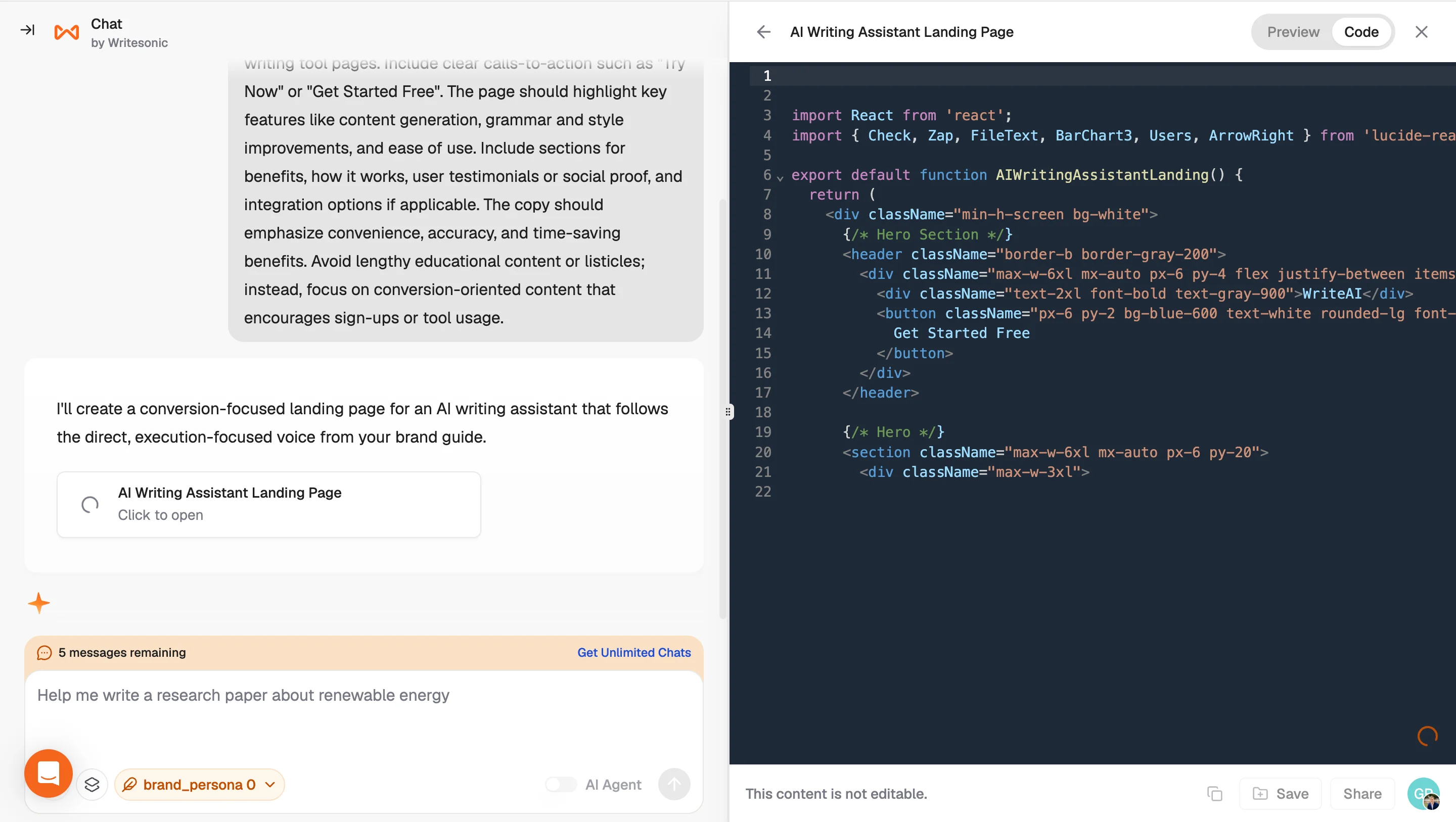 Chatsonic landing-page generator showing the conversational workflow, React and JSX code, and live preview