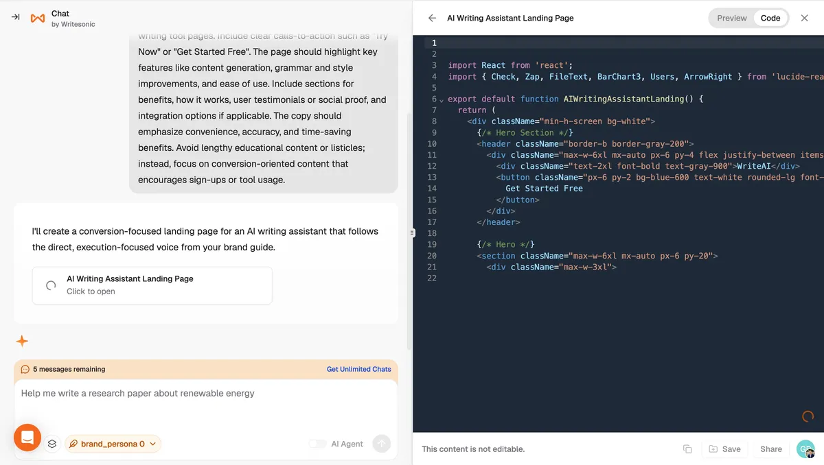 Chatsonic landing-page generator showing the conversational workflow, React and JSX code, and live preview
